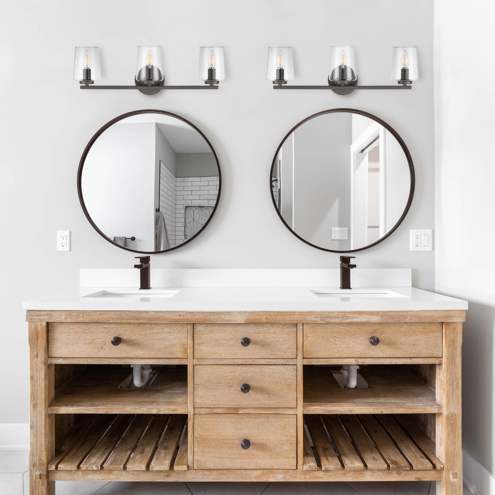 slide 6 of 6, allen + roth Greeley 23-in 3 -Light Matte Bronze Traditional Vanity light, 1 ct