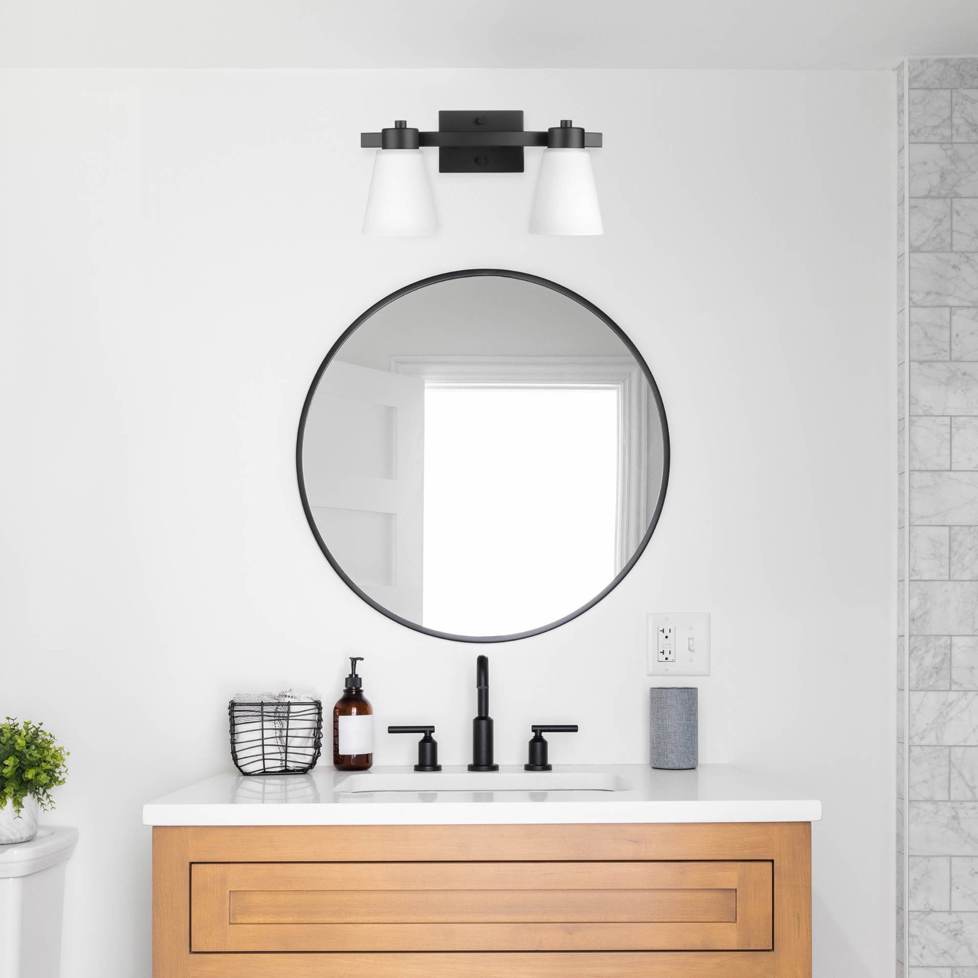 slide 5 of 6, allen + roth Fairendale 16.87-in 2 -Light Matte Black Transitional Vanity light, 1 ct