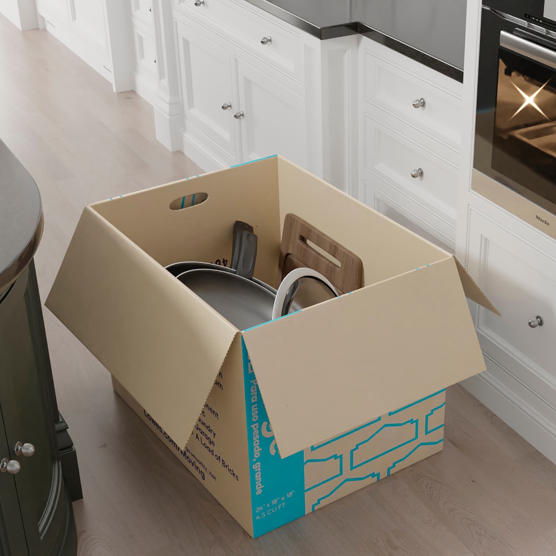 slide 4 of 6, Lowe's 24-in W x 18-in H x 18-in D Large Heavy Duty Cardboard Moving Box with Handle Holes, 1 ct