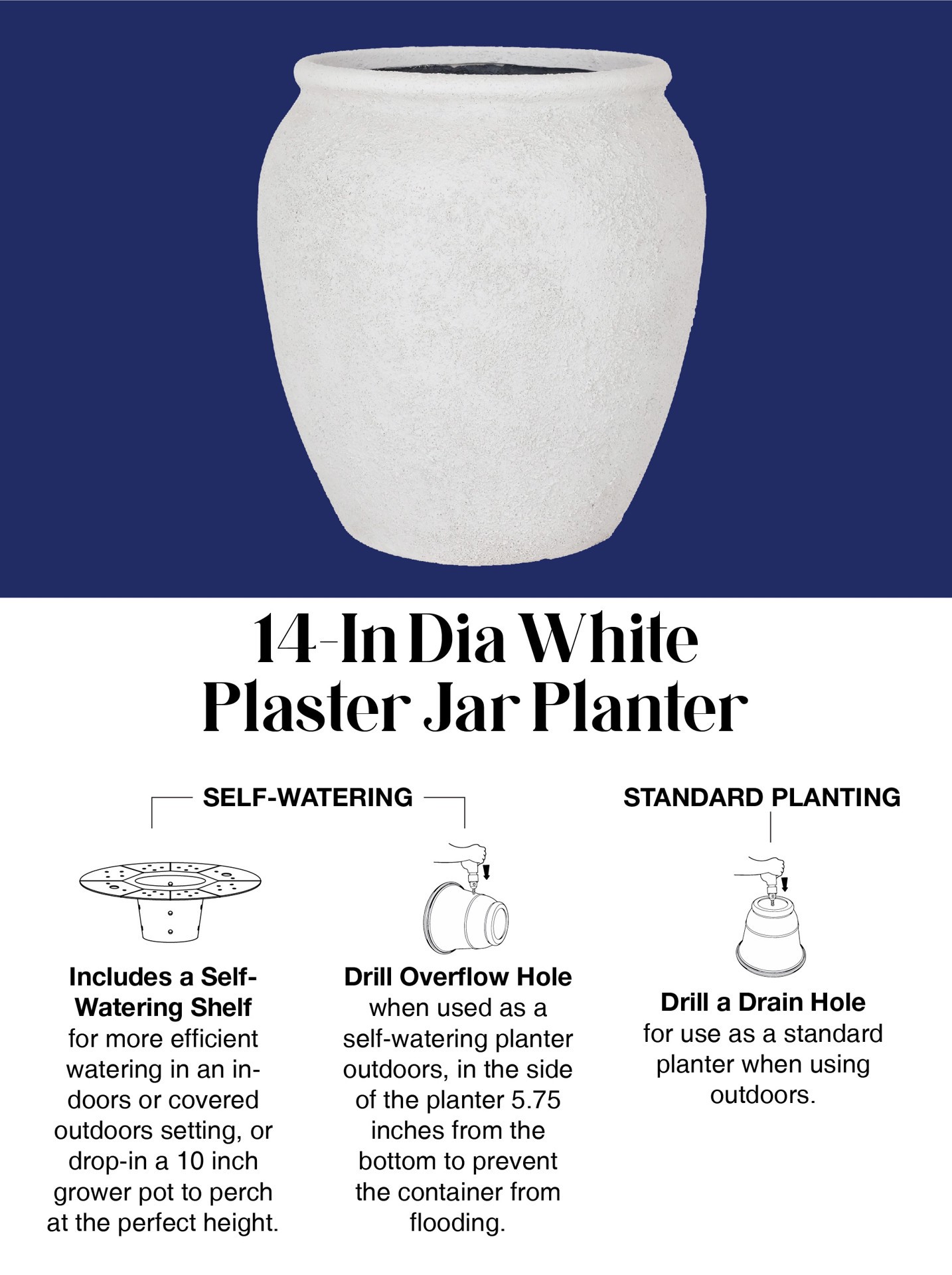 slide 5 of 5, allen + roth Round 14.13-in W x 14.13-in L White Stone Outdoor Self Watering Planter, 1 ct