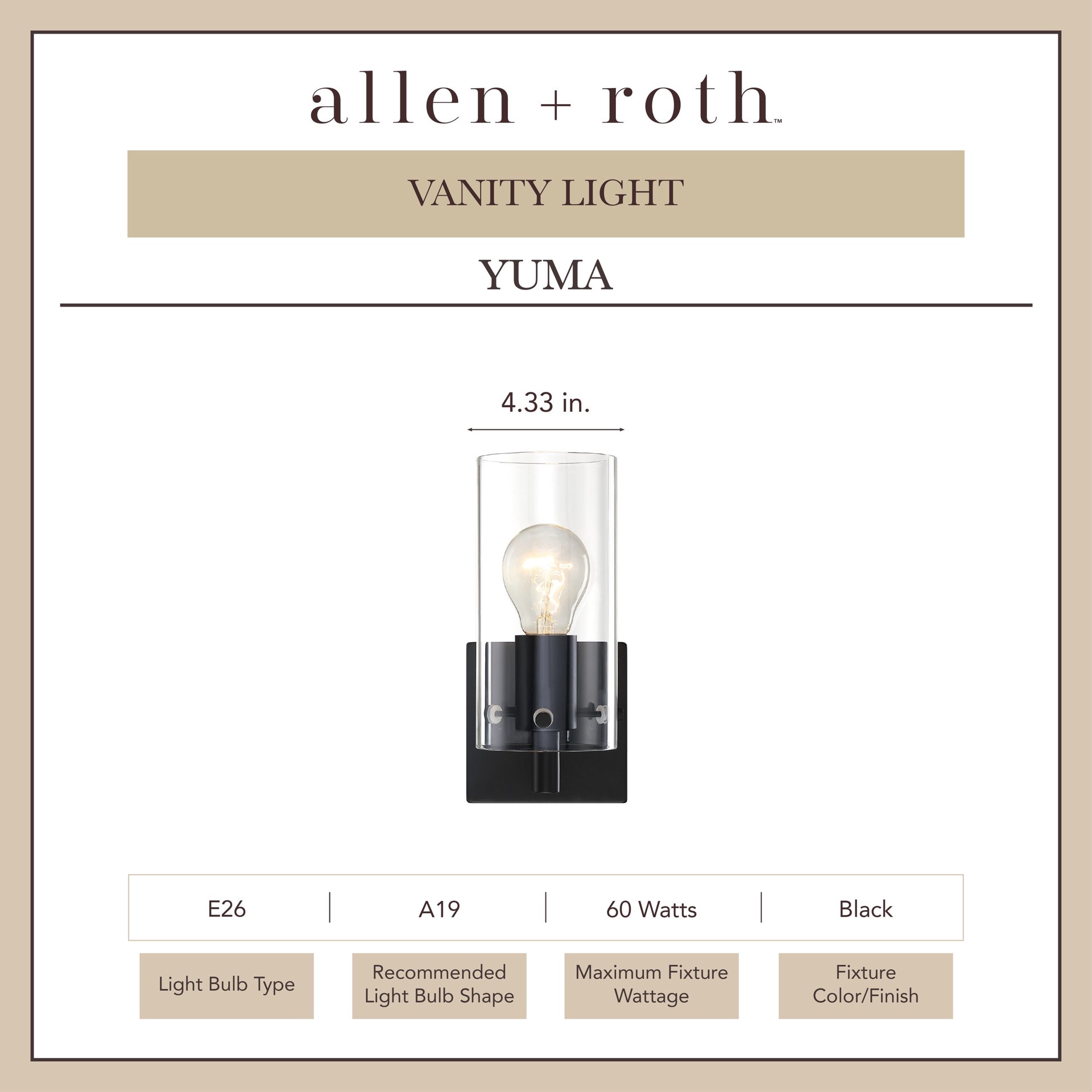 slide 3 of 6, allen + roth Yuma 4.33-in 1 -Light Matte Black Transitional Vanity light, 1 ct
