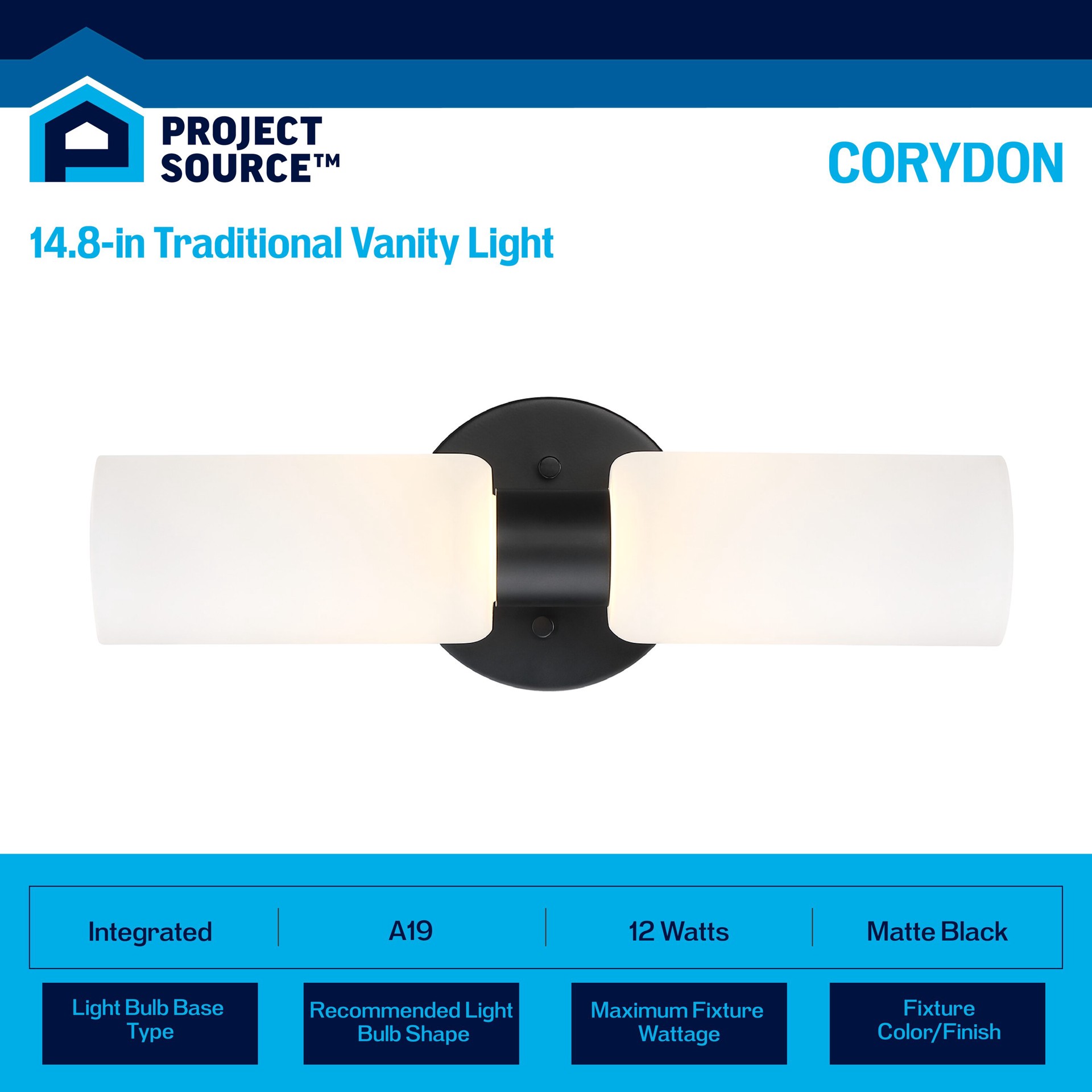 slide 3 of 6, Project Source Corydon 14.6-in 2 -Light Matte Black Integrated LED Traditional Vanity light, 1 ct