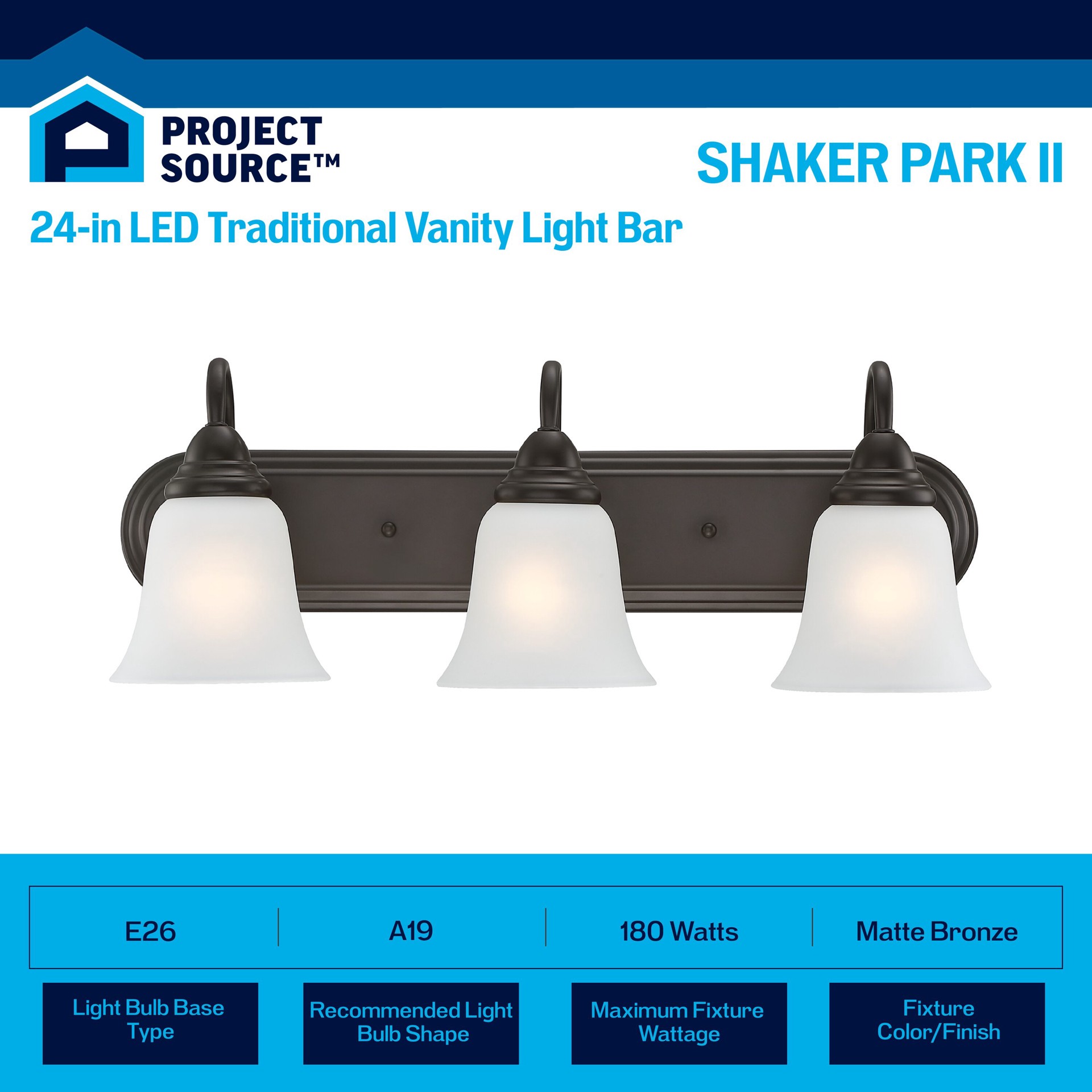 slide 3 of 6, Project Source Shaker Park II 24-in 3 -Light Matte Bronze Traditional Vanity light bar, 1 ct