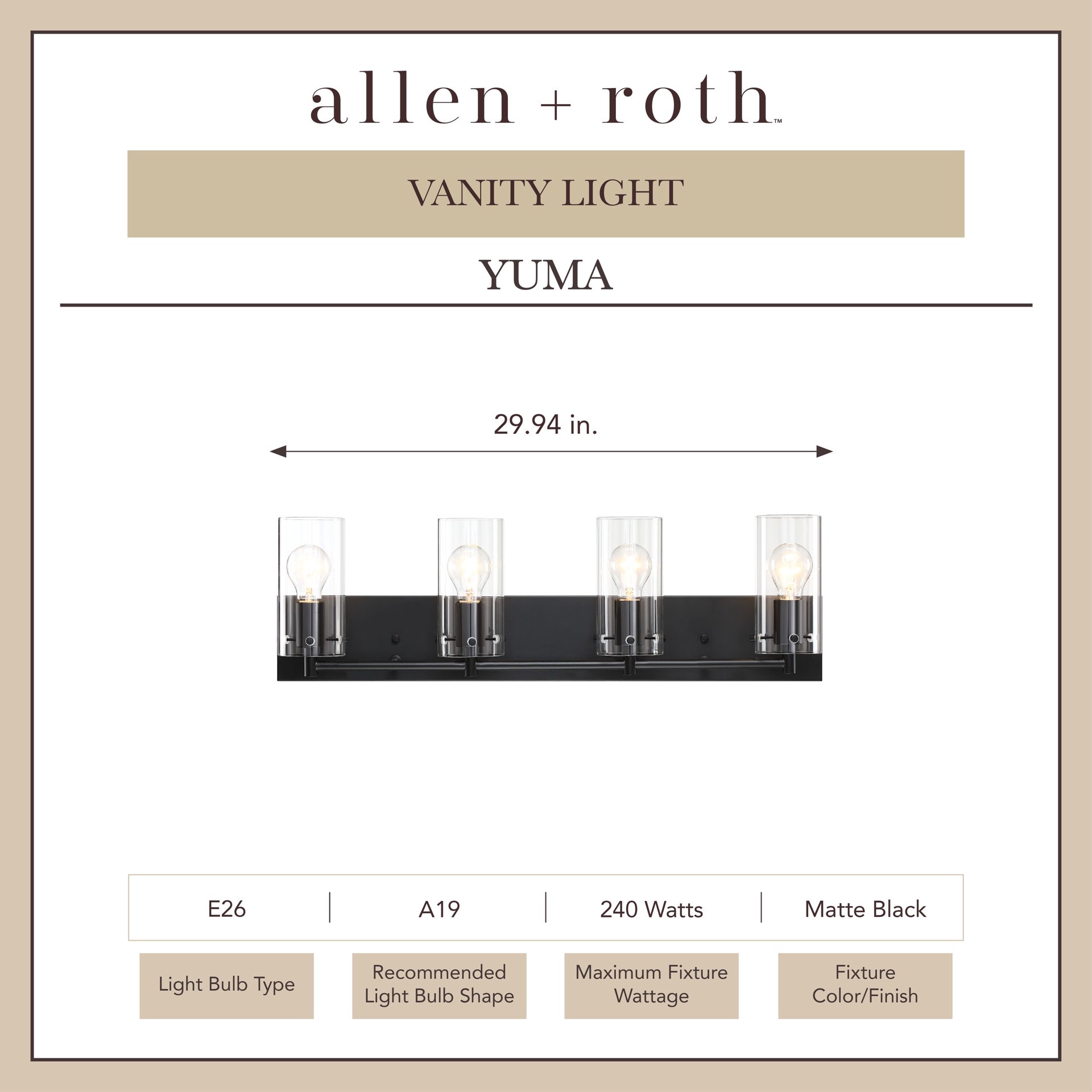 slide 3 of 6, allen + roth Yuma 29.94-in 4 -Light Matte Black Transitional Vanity light bar, 1 ct