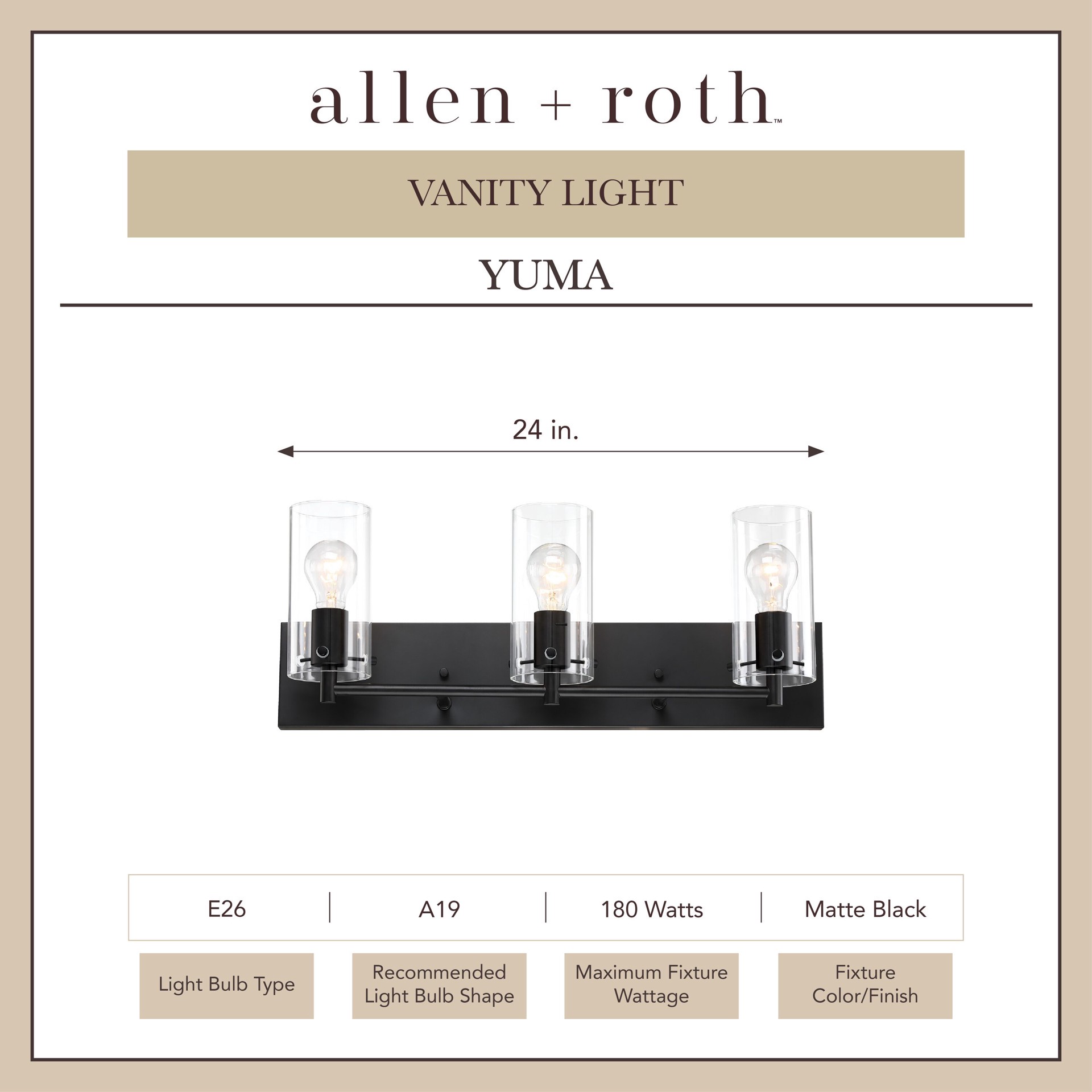 slide 3 of 6, allen + roth Yuma 24-in 3 -Light Matte Black Transitional Vanity light bar, 1 ct