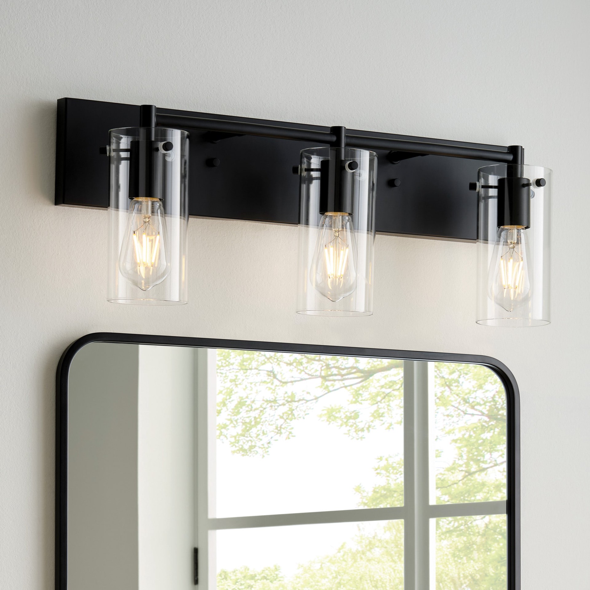 slide 1 of 6, allen + roth Yuma 24-in 3 -Light Matte Black Transitional Vanity light bar, 1 ct