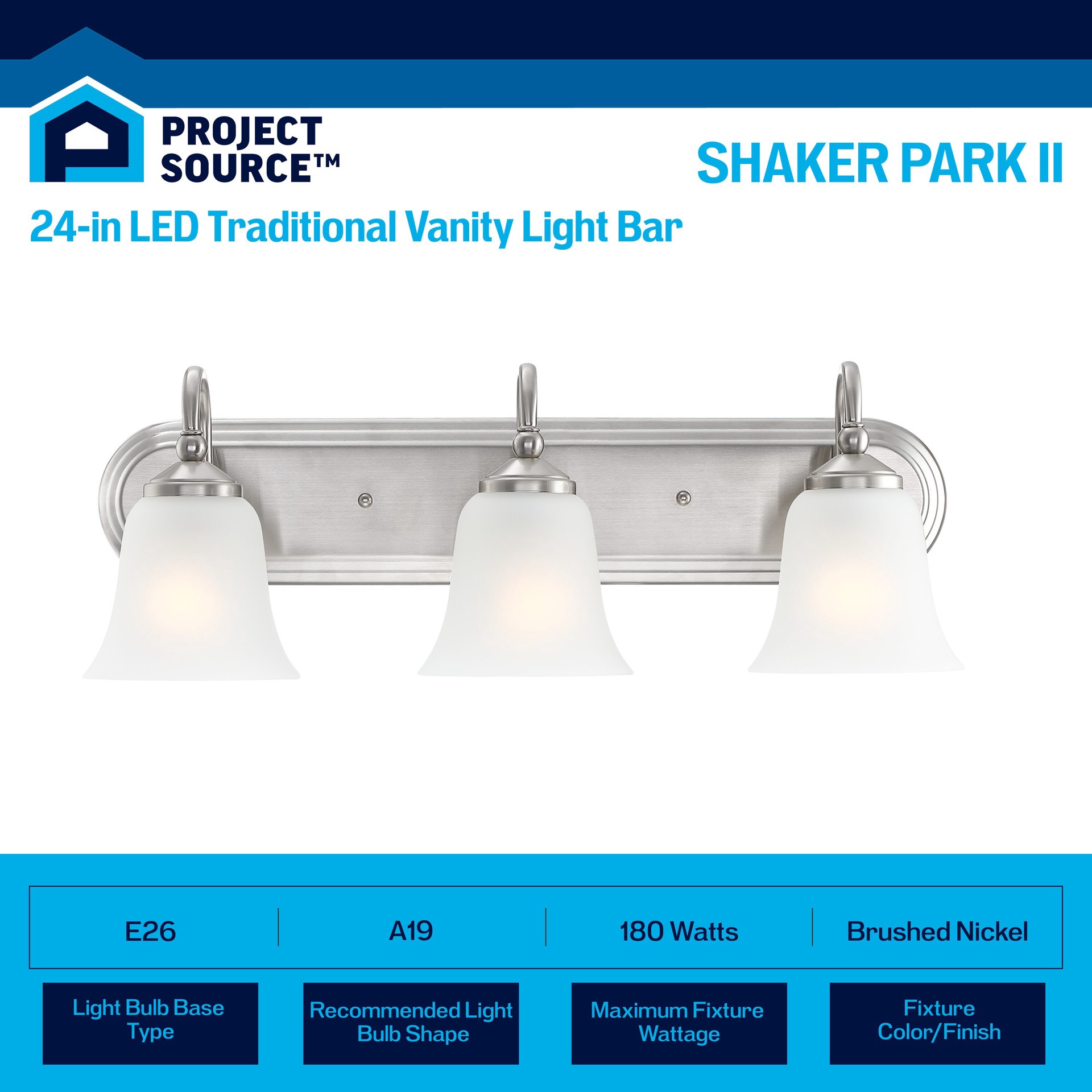 slide 3 of 6, Project Source Shaker Park II 24-in 3 -Light Brushed Nickel Traditional Vanity light bar, 1 ct