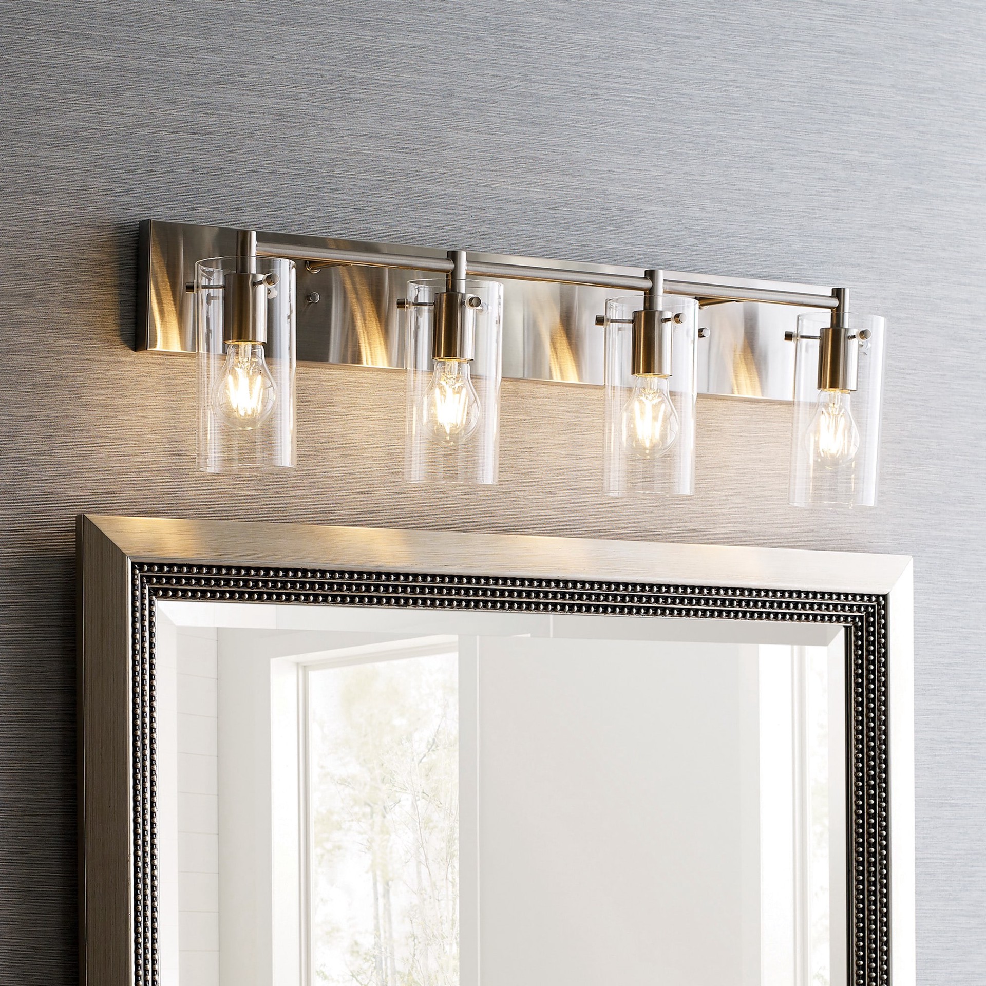 slide 1 of 6, allen + roth Yuma 29.94-in 4 -Light Brushed Nickel Transitional Vanity light bar, 1 ct