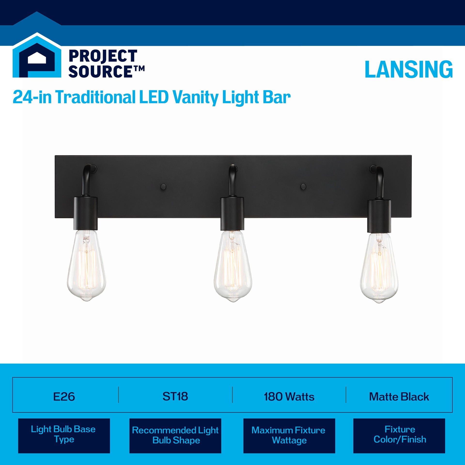 slide 4 of 6, Project Source Lansing 24-in 3 -Light Matte Black Traditional Vanity light bar, 1 ct