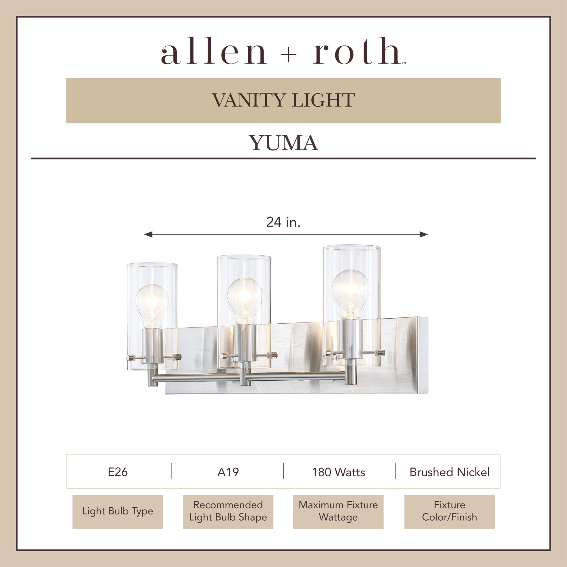 slide 3 of 6, allen + roth Yuma 24-in 3 -Light Brushed Nickel Vintage Vanity light bar, 1 ct
