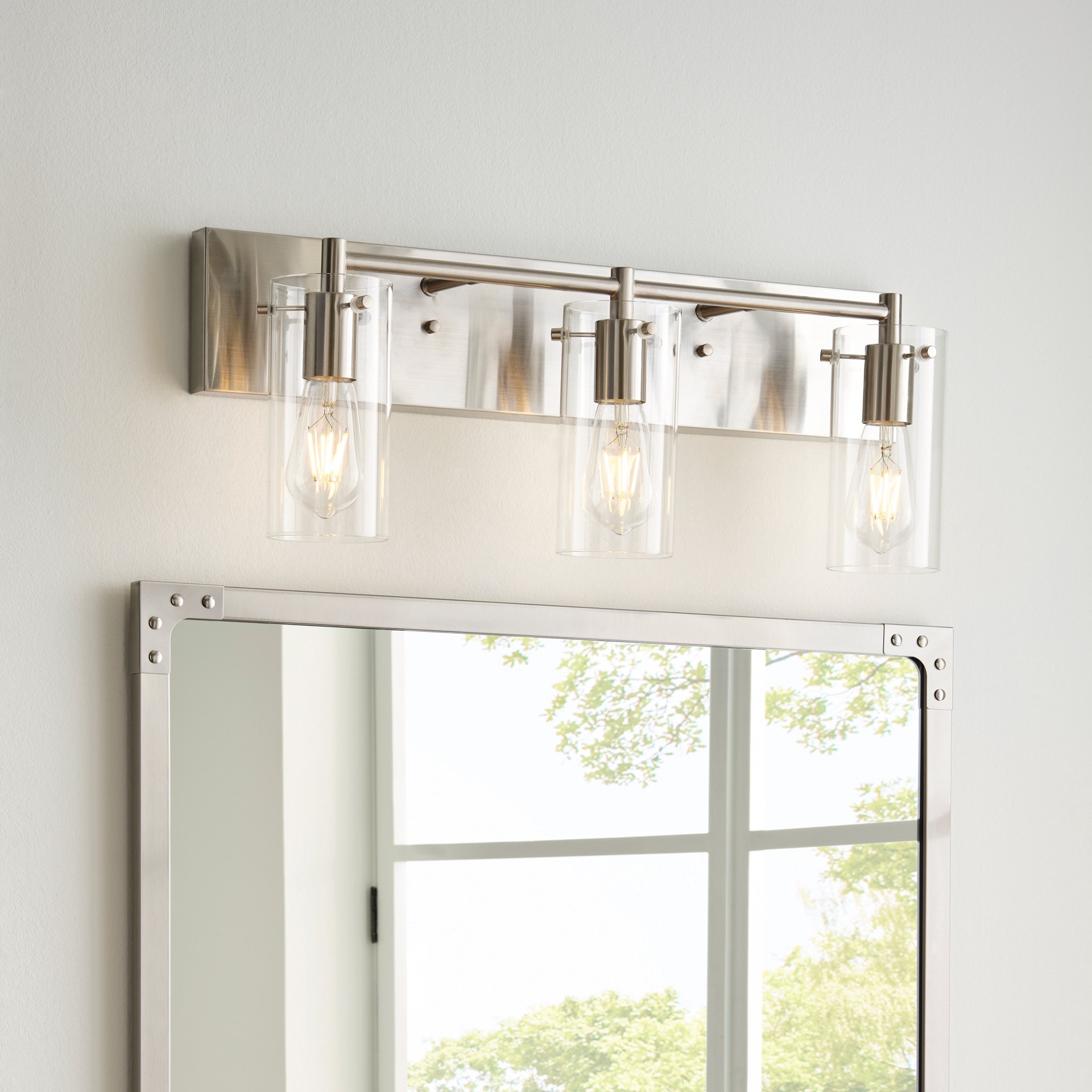 slide 1 of 6, allen + roth Yuma 24-in 3 -Light Brushed Nickel Vintage Vanity light bar, 1 ct