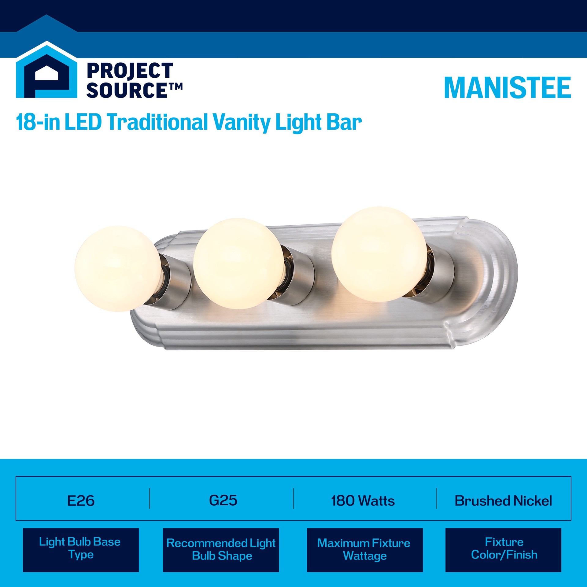 slide 4 of 6, Project Source Manistee 18-in 3 -Light Brushed Nickel Traditional Vanity light bar, 1 ct
