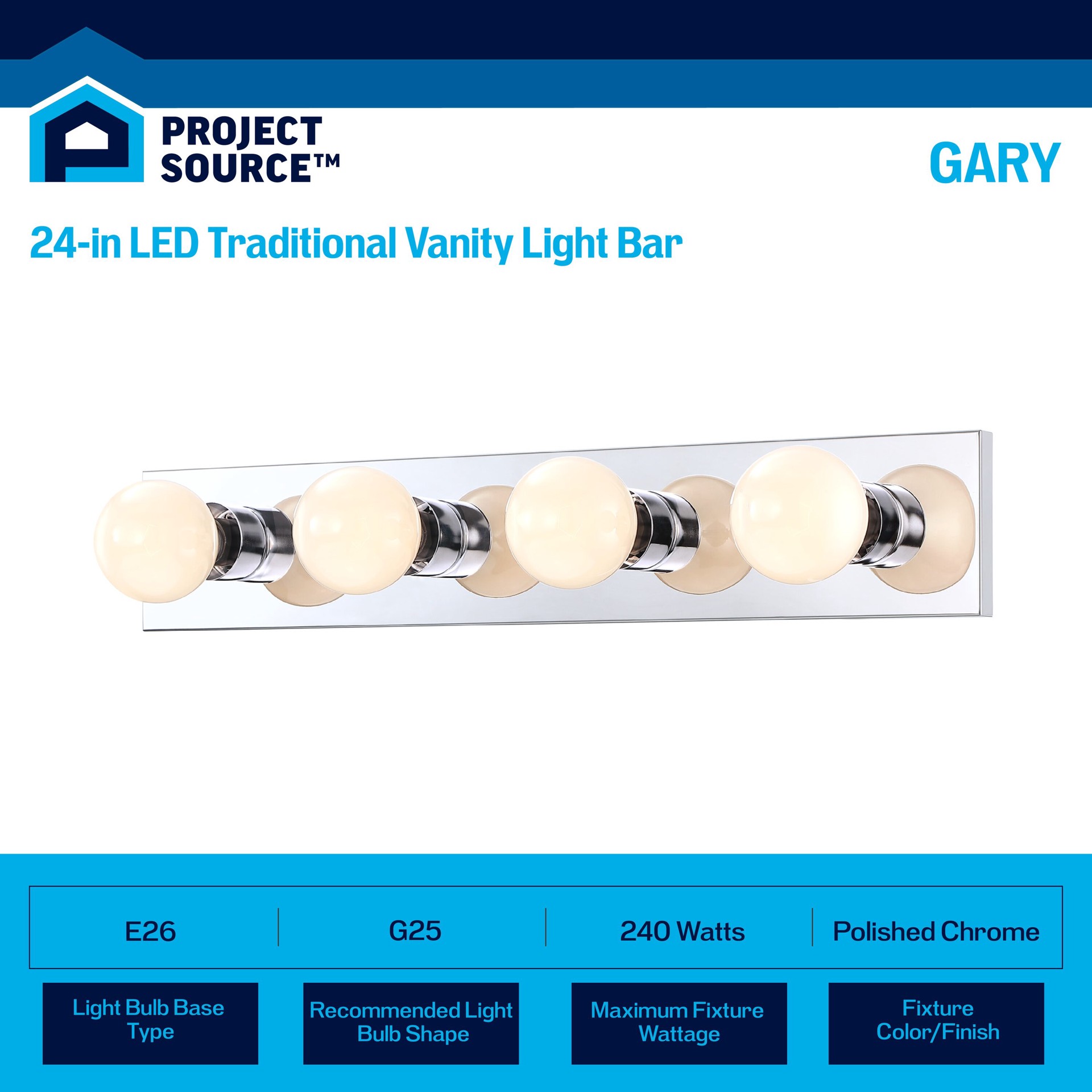 slide 3 of 6, Project Source Gary 24-in 4 -Light Polished Chrome Traditional Vanity light bar, 1 ct