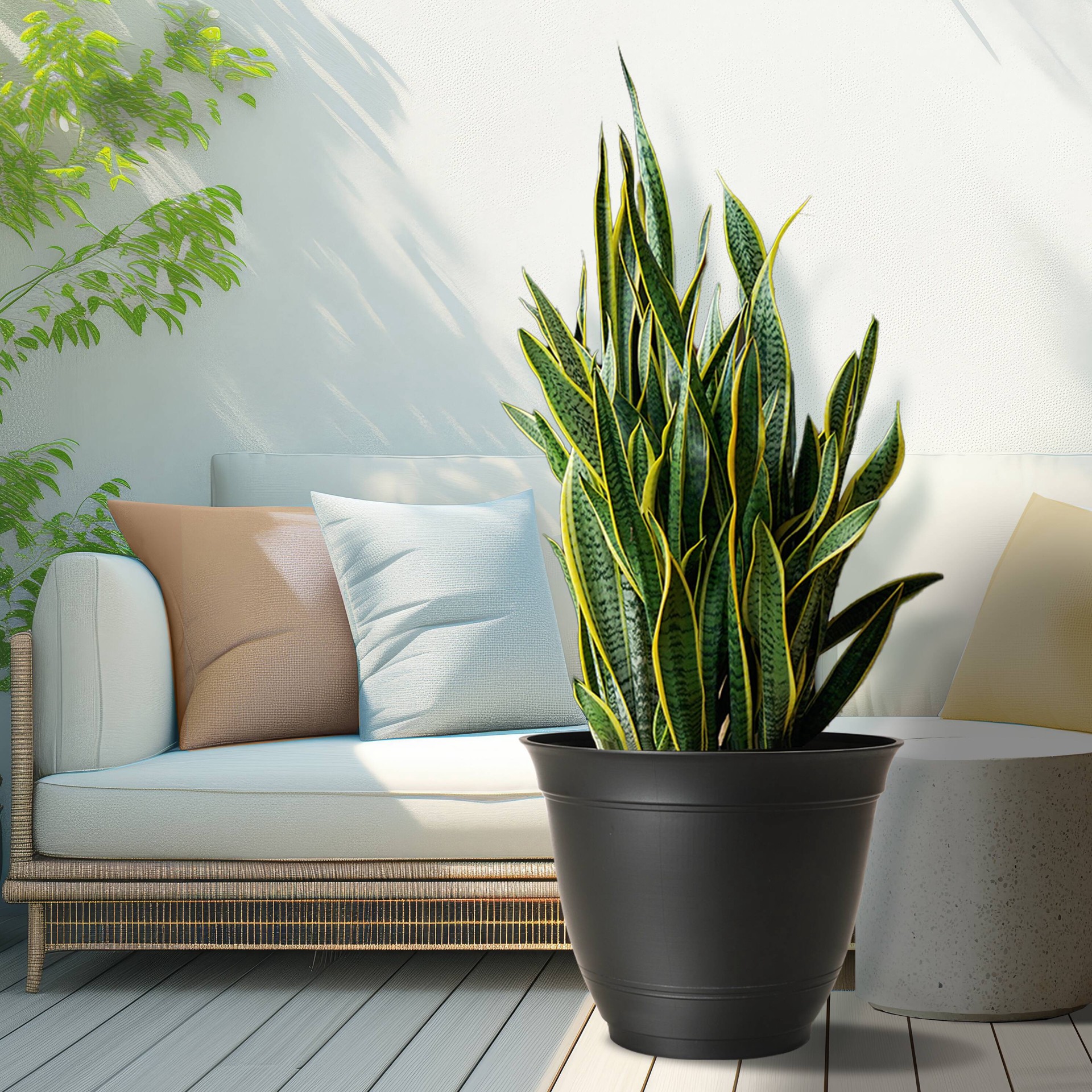 slide 5 of 6, Style Selections Round 19.21-in W x 19.21-in L Black Recycled plastic Indoor/Outdoor Planter, 1 ct