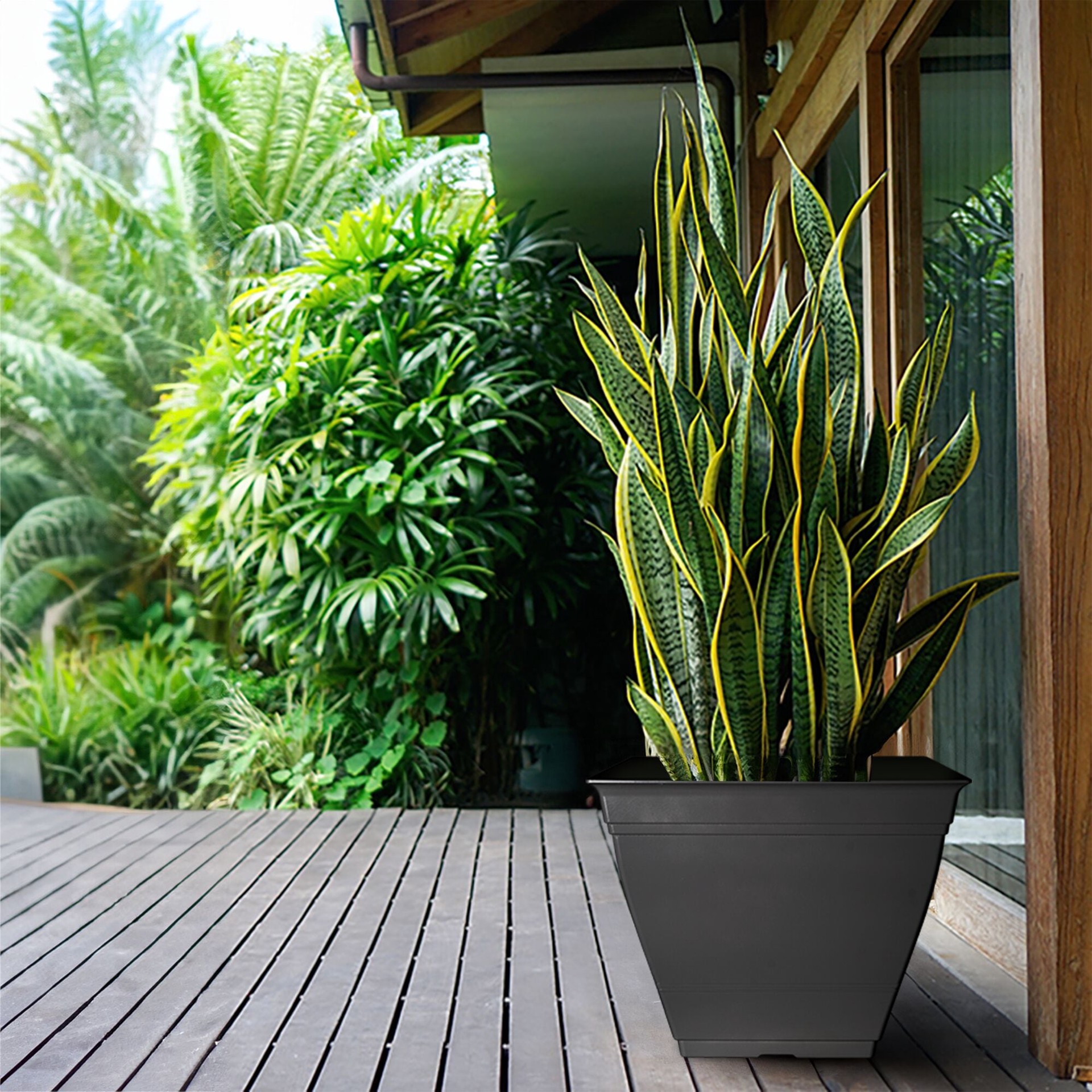 slide 4 of 6, Style Selections Square 13.11-in W x 13.11-in L Black Recycled plastic Indoor/Outdoor Planter, 1 ct