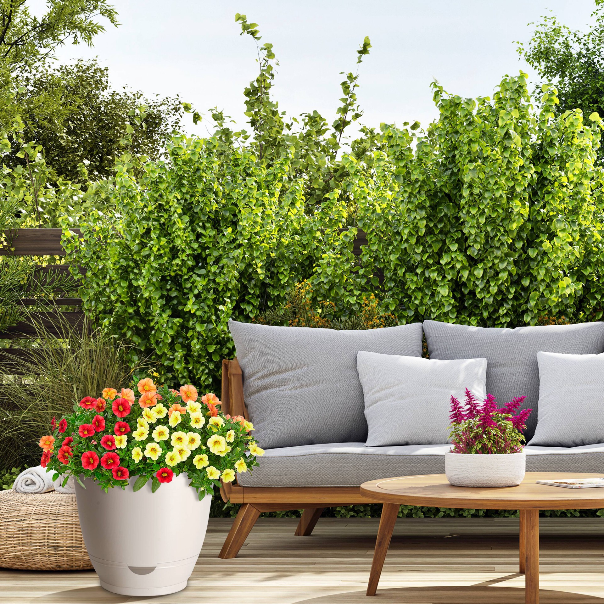 slide 5 of 6, Style Selections Round 12.87-in W x 14.0-in L Off-white Recycled plastic Indoor/Outdoor Self Watering Planter, 1 ct