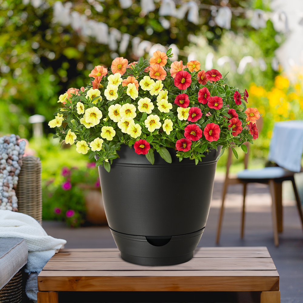 slide 2 of 4, Style Selections Round 14-in W x 12.87-in H Black Recycled Plastic Indoor/Outdoor Planter, 1 ct
