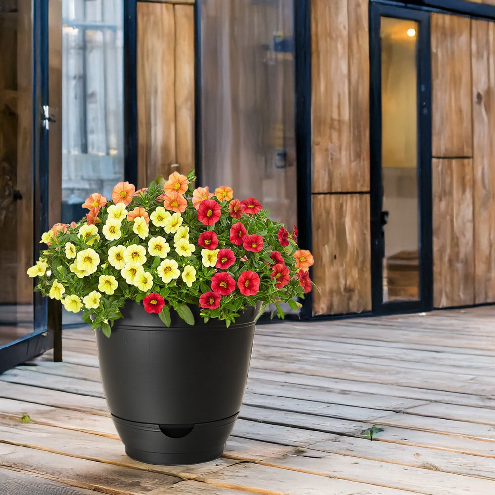 slide 4 of 4, Style Selections Round 14-in W x 12.87-in H Black Recycled Plastic Indoor/Outdoor Planter, 1 ct