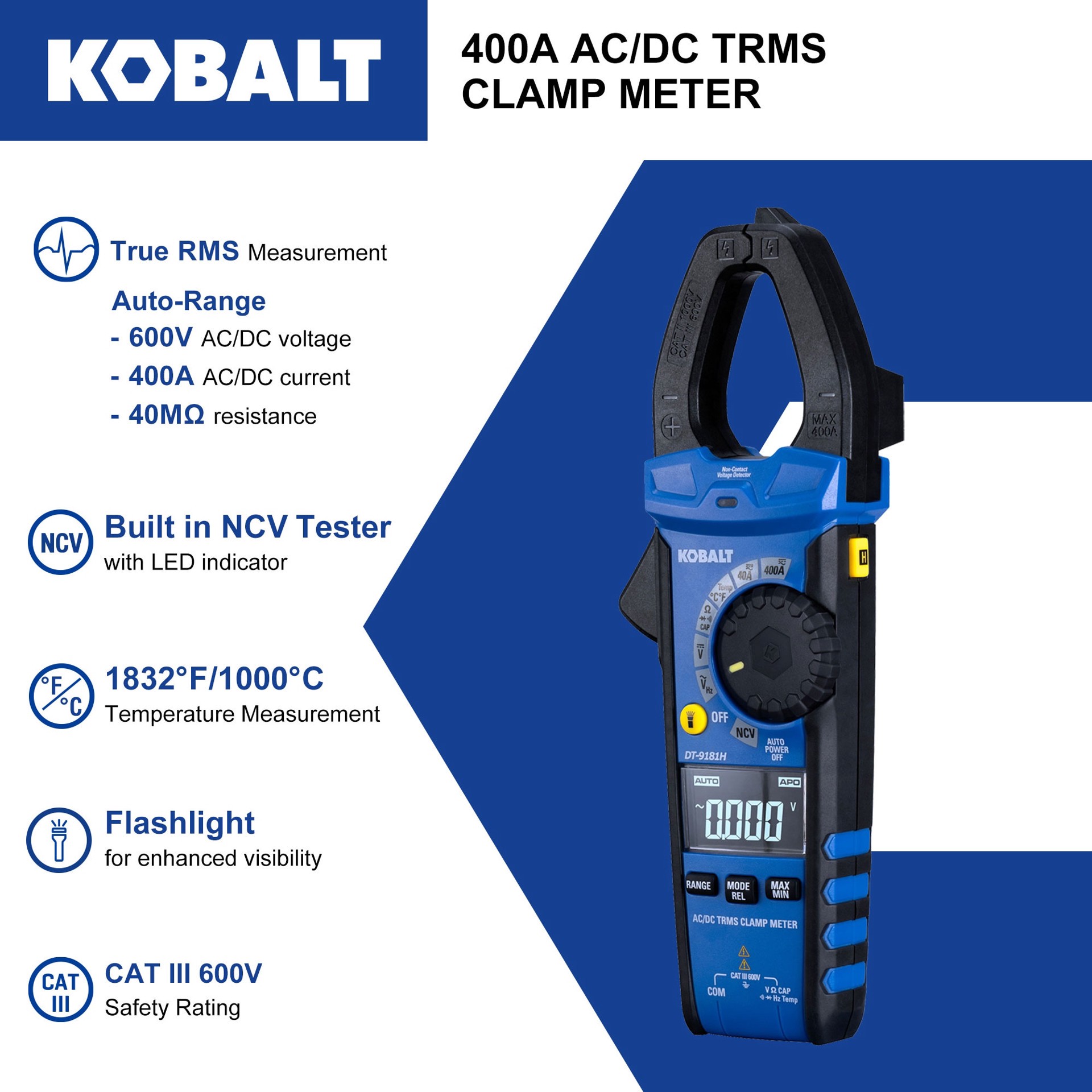 slide 5 of 6, Kobalt LCD Display Clamp meter Multimeter 400 Amp 600 -Volt, 1 ct