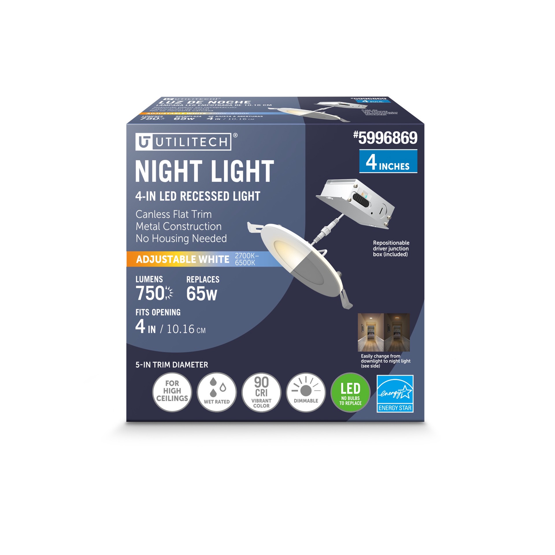 slide 1 of 6, Utilitech White with Night Light 4-in 750 -Lumens Switchable white Round Dimmable LED Canless Wet rated Recessed Downlight, 1 ct
