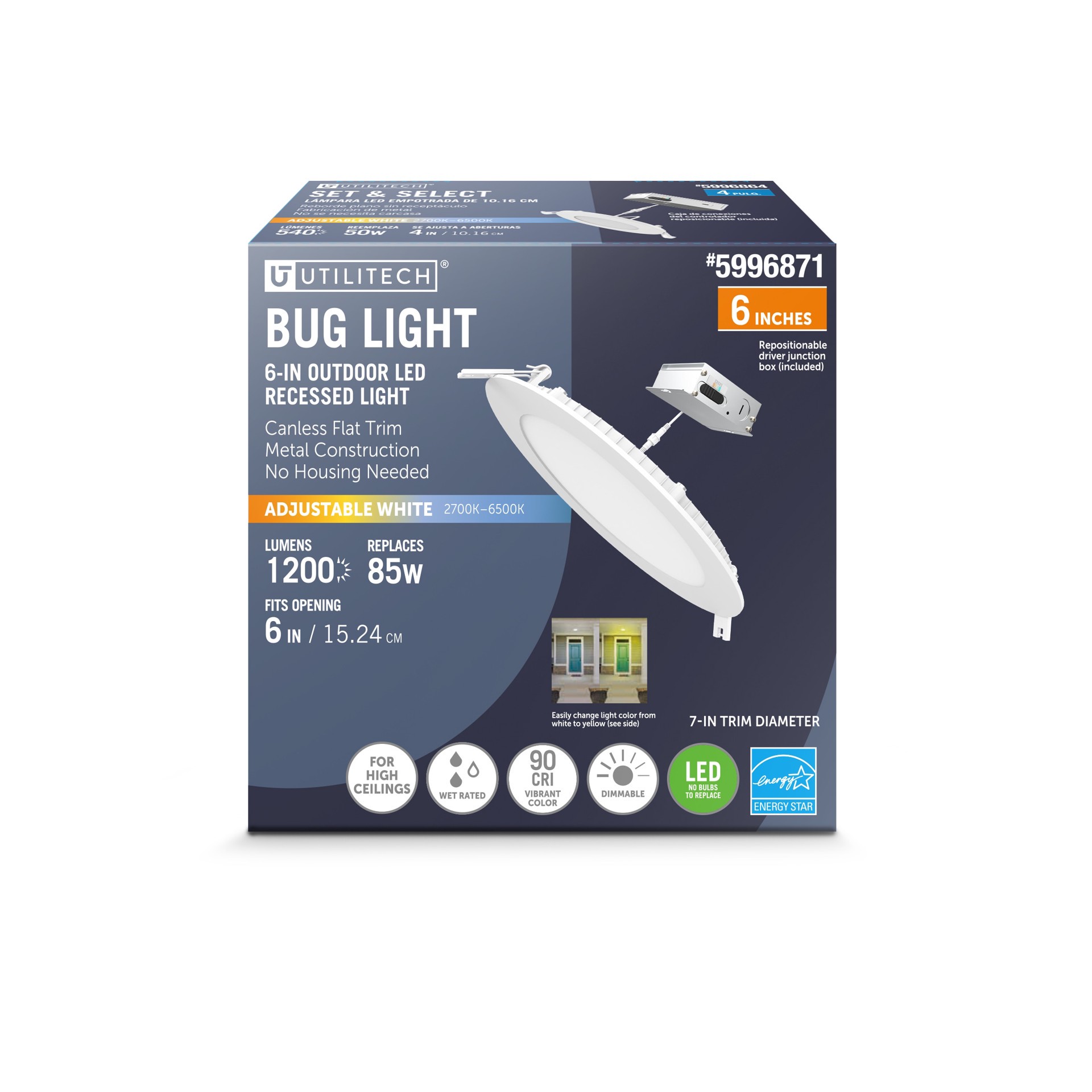 slide 1 of 6, Utilitech White with Bug Light 6-in 1200 -Lumens Switchable white Round Dimmable LED Canless Wet rated Recessed Downlight, 1 ct