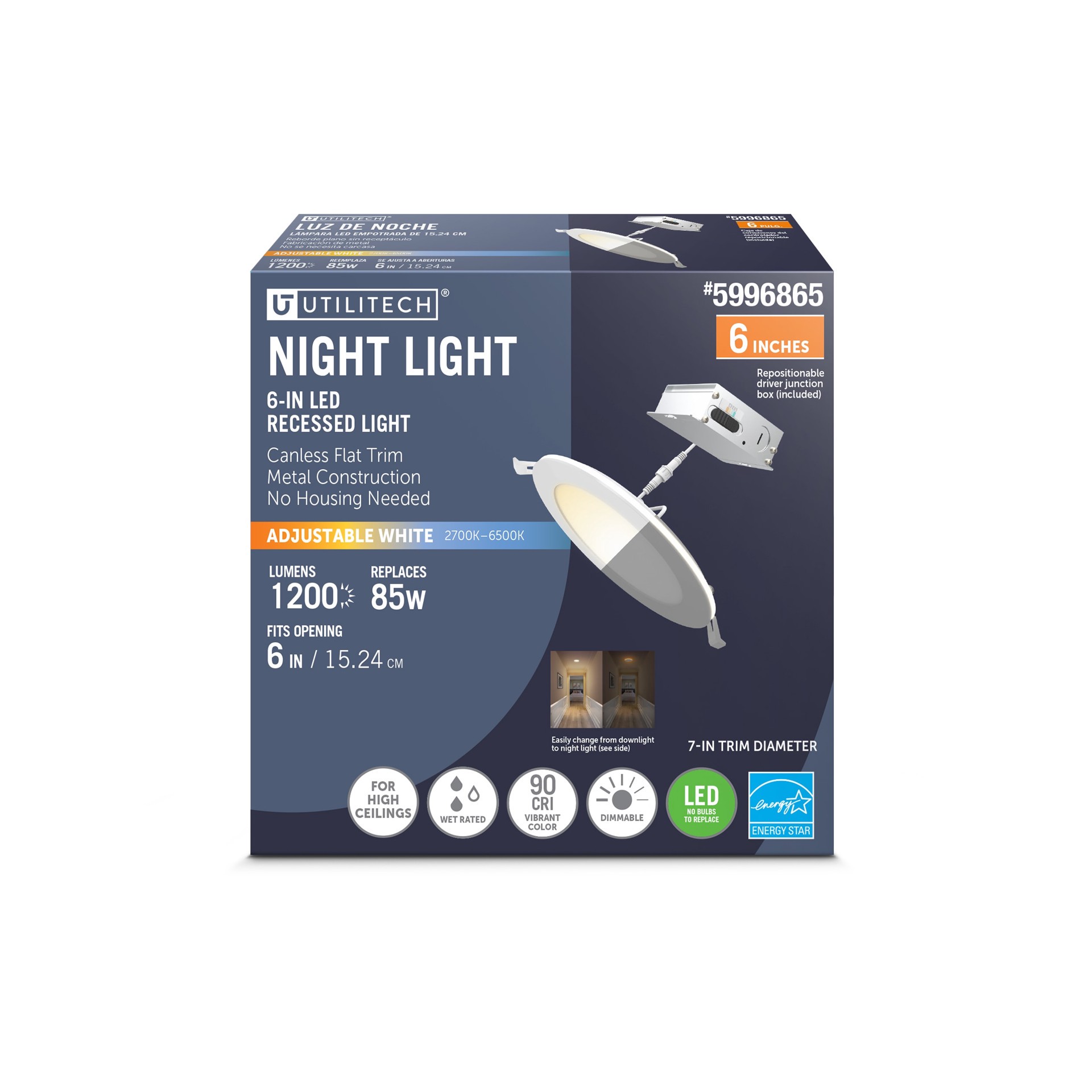 slide 1 of 6, Utilitech White 6-in 1200 -Lumens Switchable white Round Dimmable LED Wet rated Recessed Downlight, 1 ct