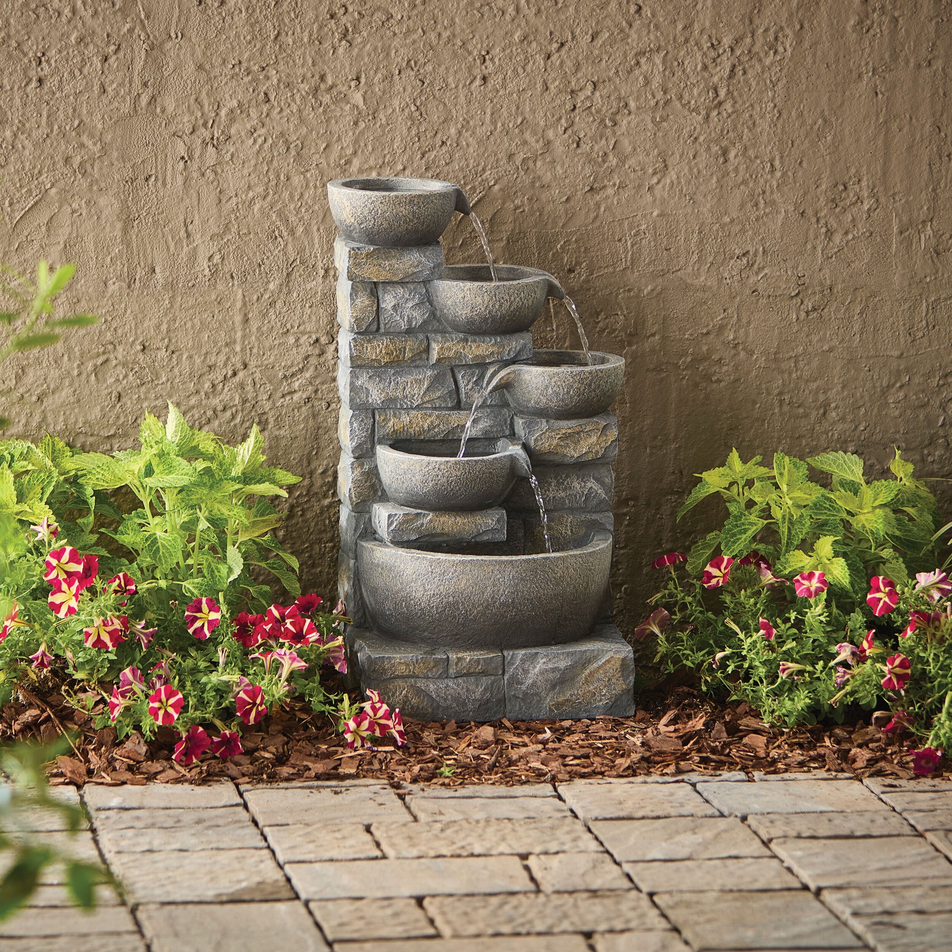 slide 2 of 6, Style Selections 27-in H Resin Electric Powered Tiered Outdoor Fountain Pump Included, 1 ct