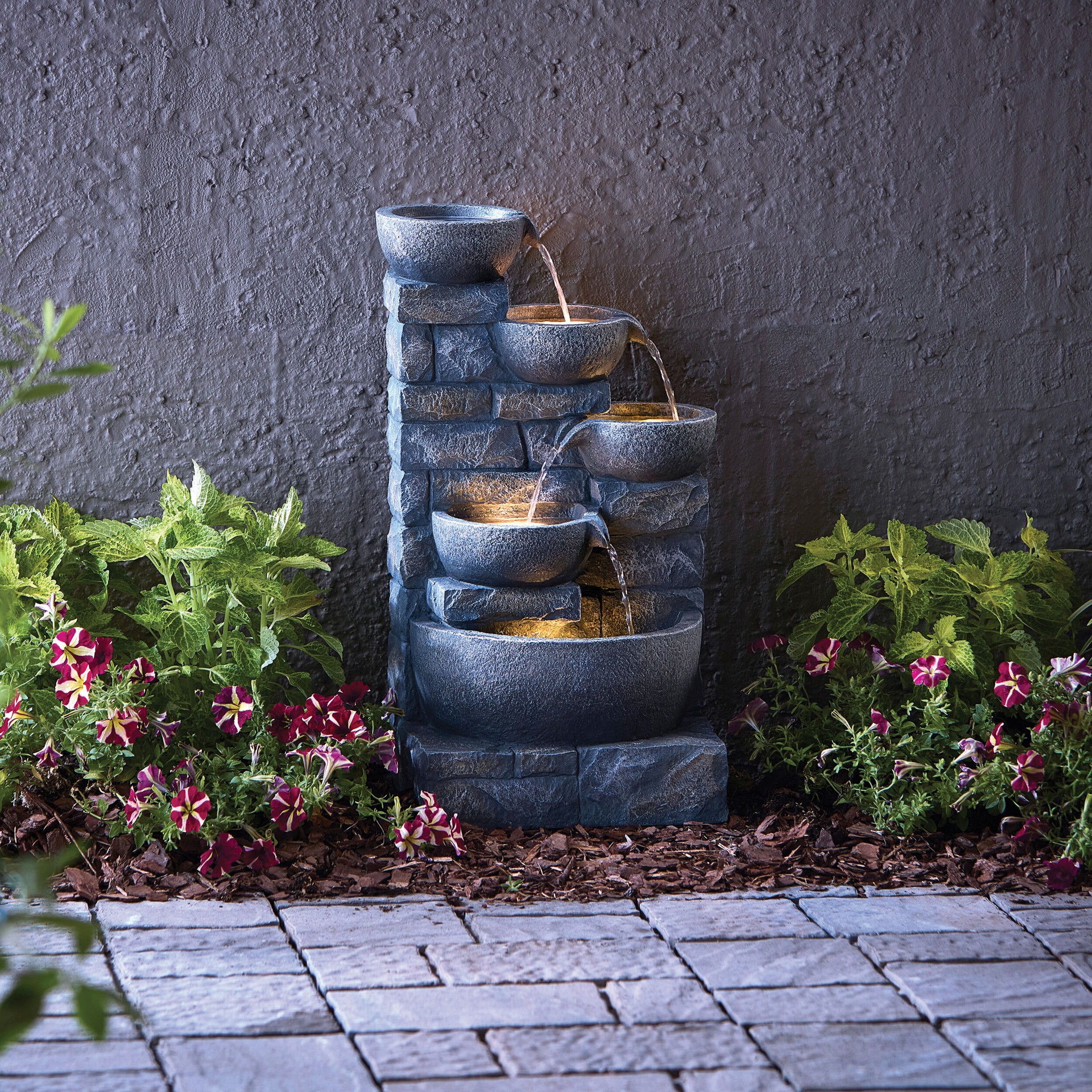 slide 3 of 6, Style Selections 27-in H Resin Electric Powered Tiered Outdoor Fountain Pump Included, 1 ct