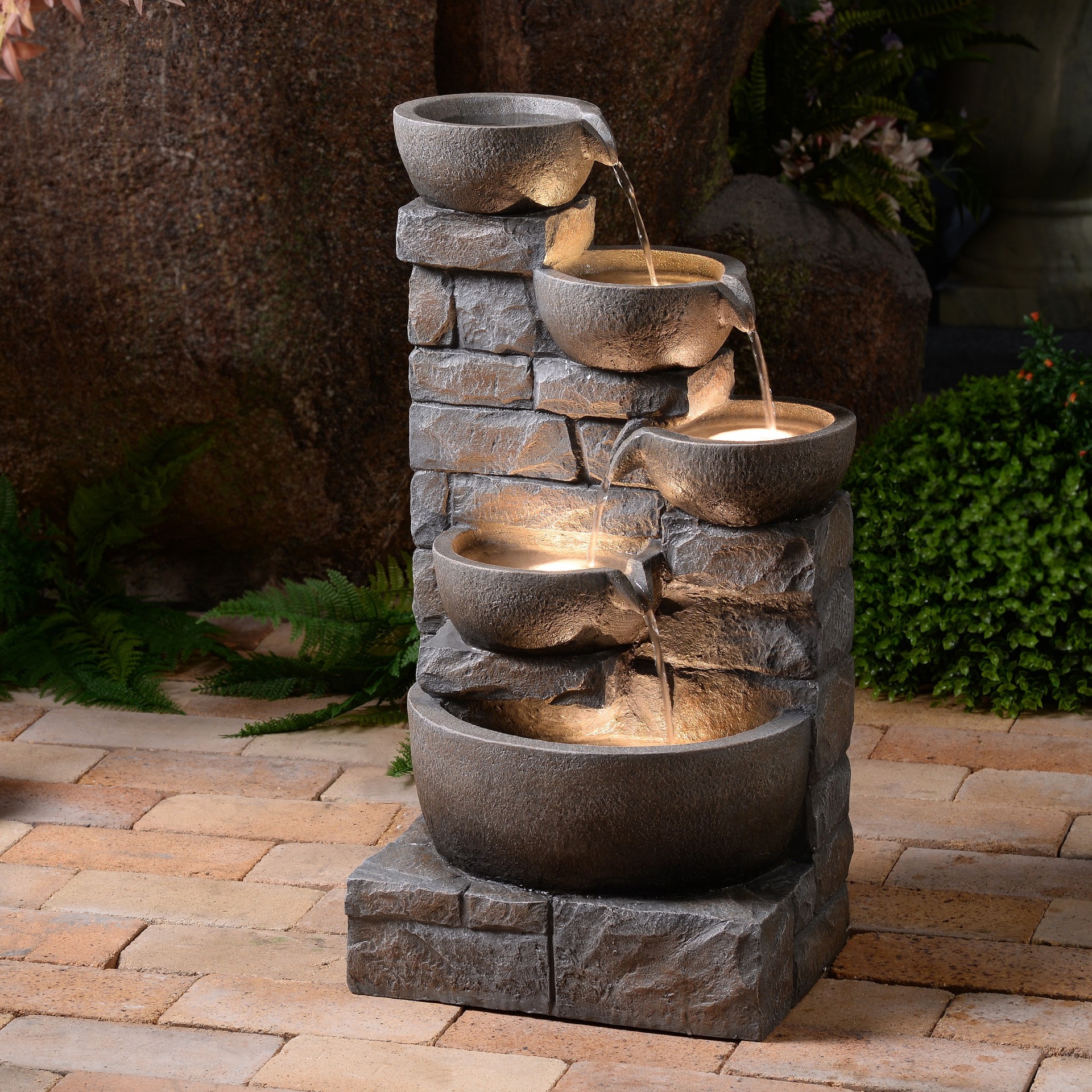 slide 4 of 6, Style Selections 27-in H Resin Electric Powered Tiered Outdoor Fountain Pump Included, 1 ct
