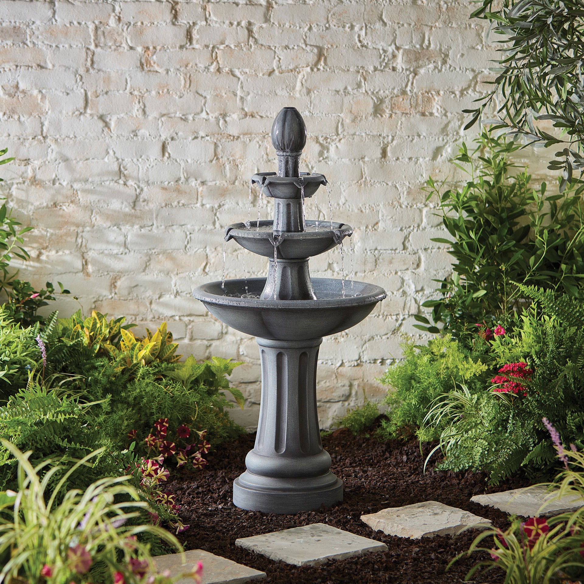 slide 2 of 6, allen + roth 46-in H Plastic Electric Powered Tiered Outdoor Fountain Pump Included, 1 ct