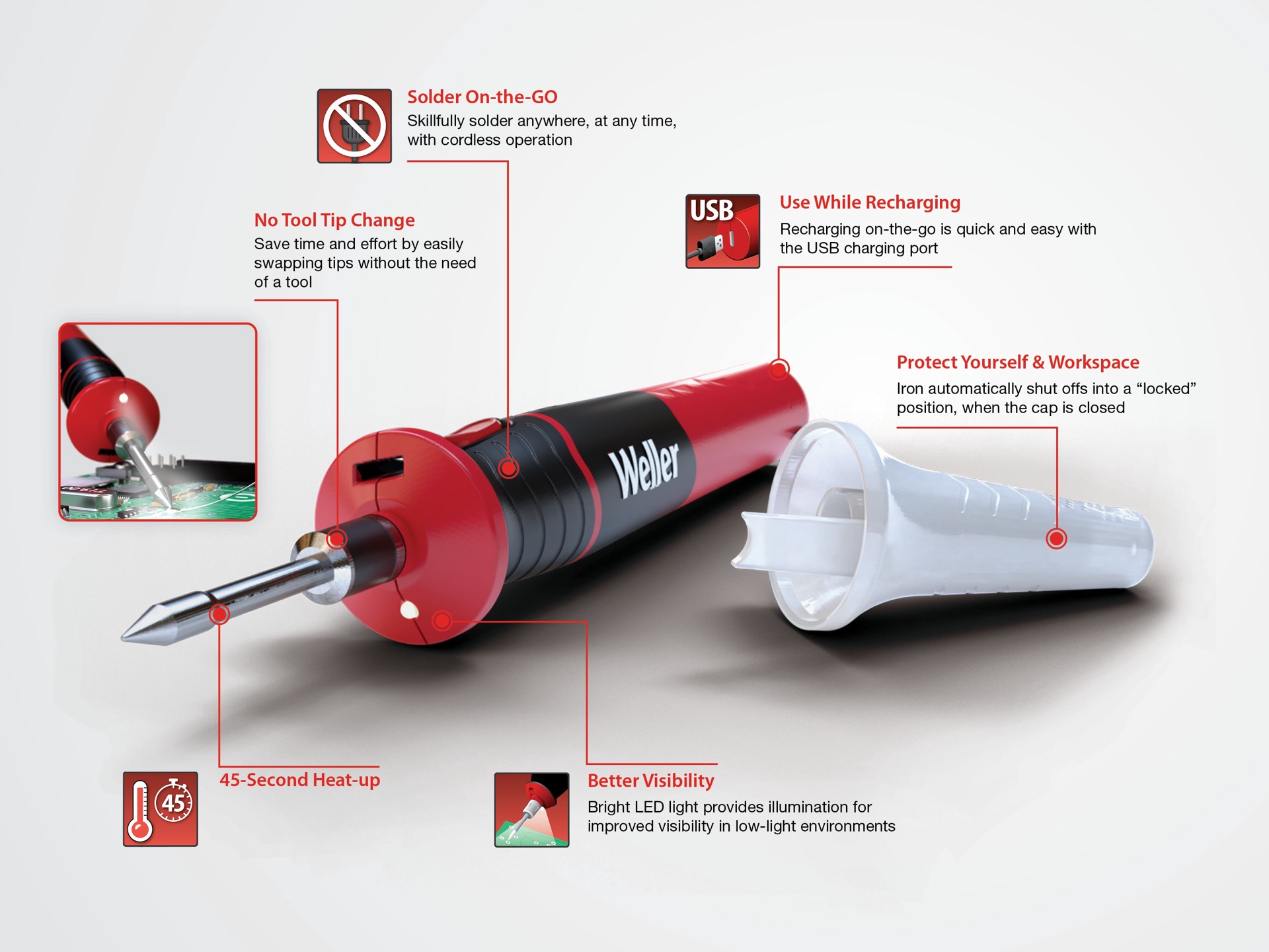 slide 3 of 6, Weller (1) 12W Cordless Rechargeable Soldering Iron with conical tip, Lithium-Ion Battery, 1 ct