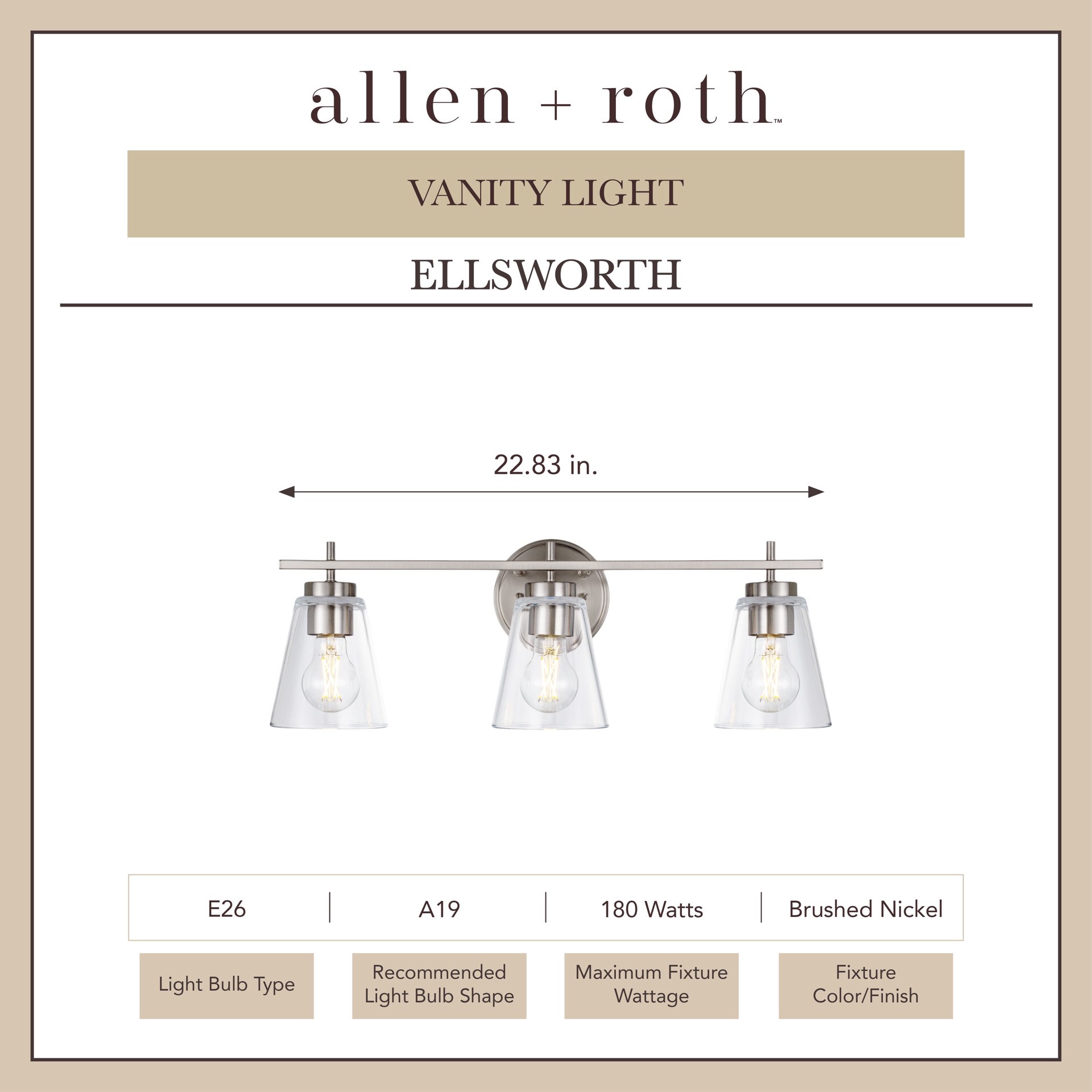 slide 2 of 6, allen + roth Ellsworth 22.83-in 3 -Light Brushed Nickel Transitional Vanity light, 1 ct