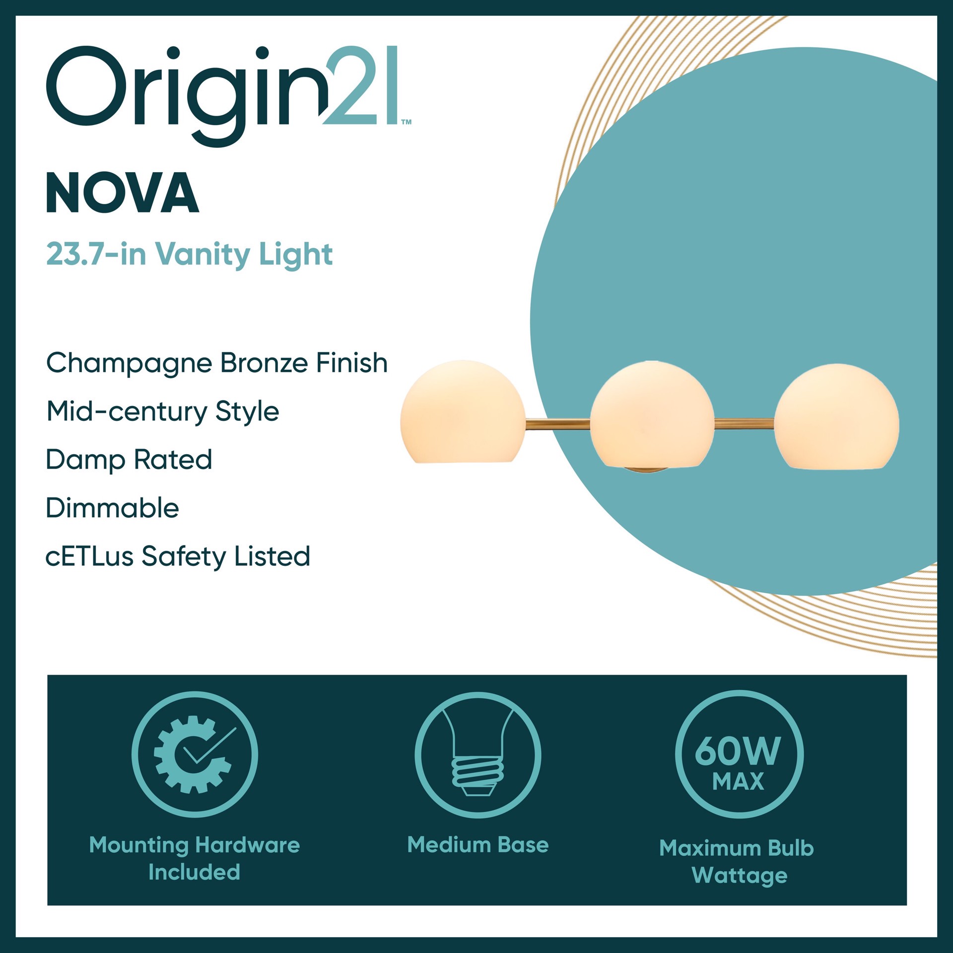 slide 2 of 6, Origin 21 Nova 23.7-in 3 Light Satin Champagne Mid-century Bathroom Vanity light, 1 ct