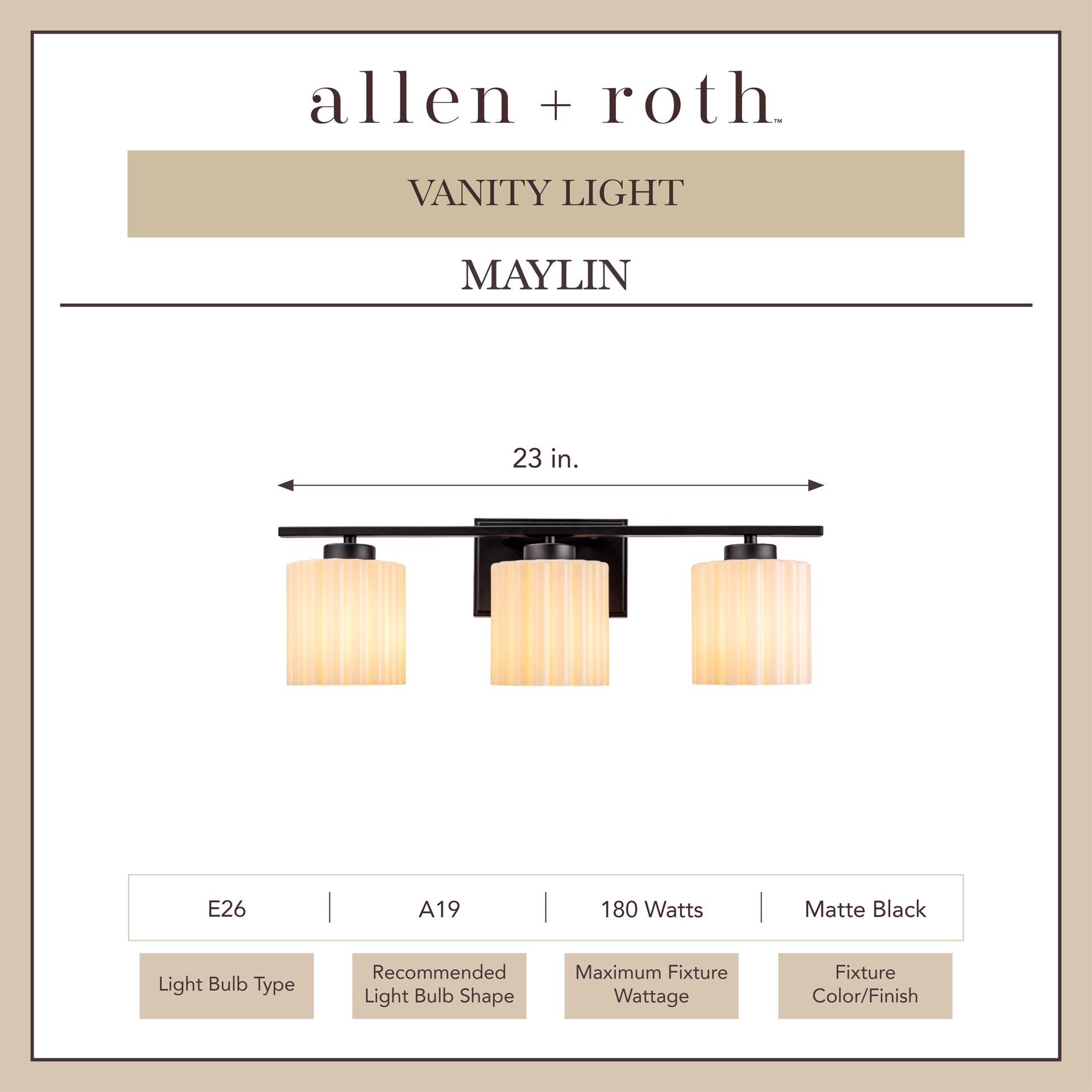 slide 2 of 6, allen + roth Maylin 23-in 3 -Light Matte Black Modern/contemporary Vanity light, 1 ct