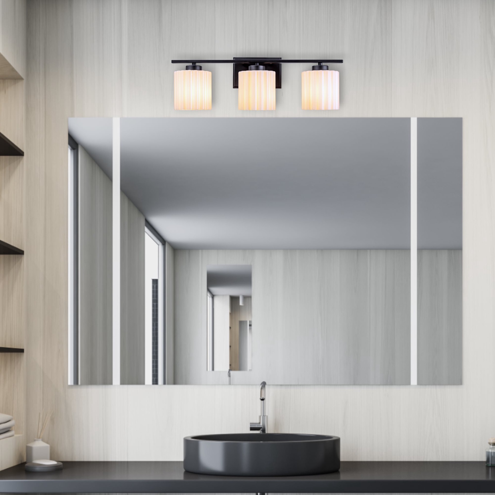 slide 5 of 6, allen + roth Maylin 23-in 3 -Light Matte Black Modern/contemporary Vanity light, 1 ct