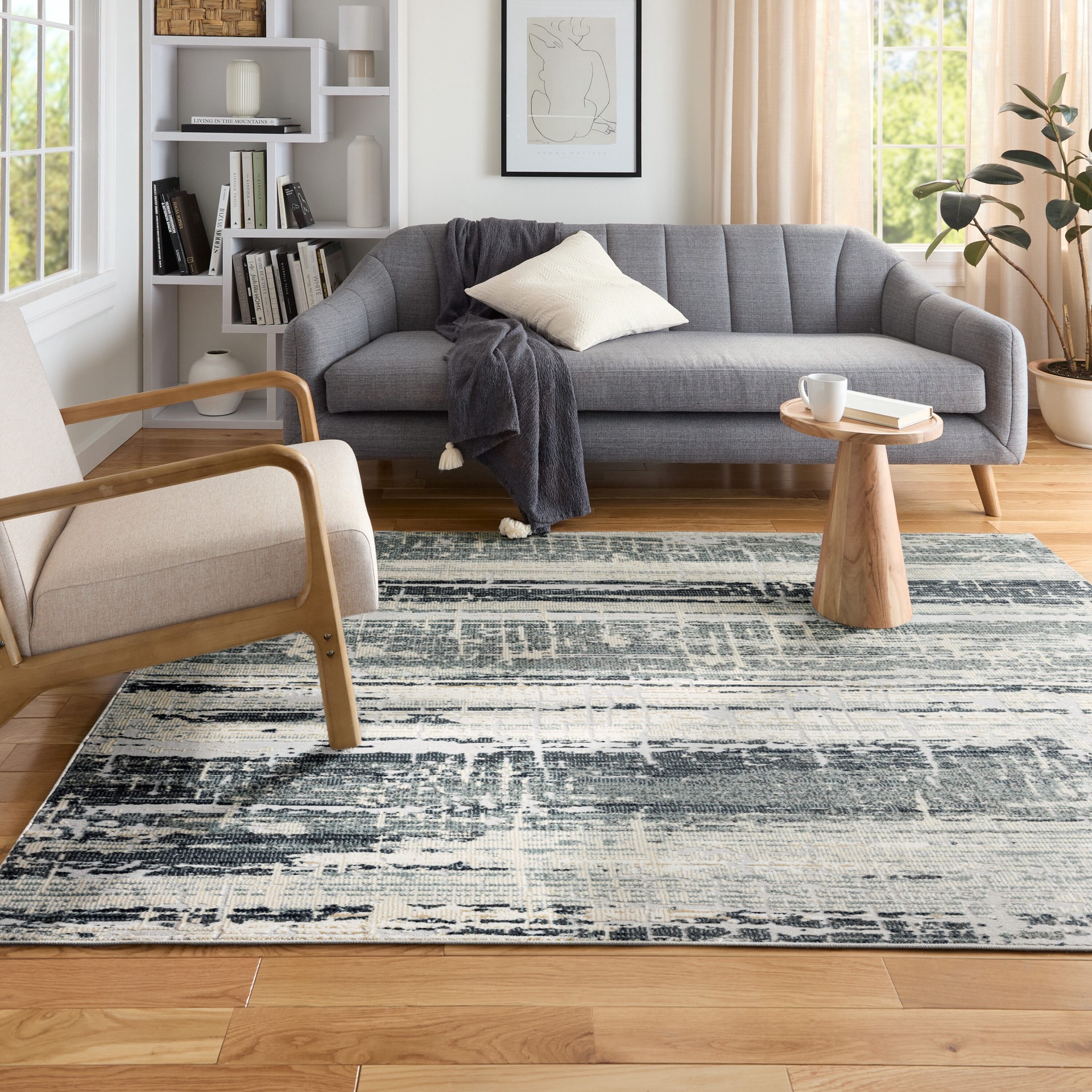 slide 6 of 6, Origin 21 Sapphira 5 x 7 (ft) Loomed Polyester/Polypropylene Beige Blue Rectangular Indoor Spot Clean Only Pet Friendly Area rug, 1 ct