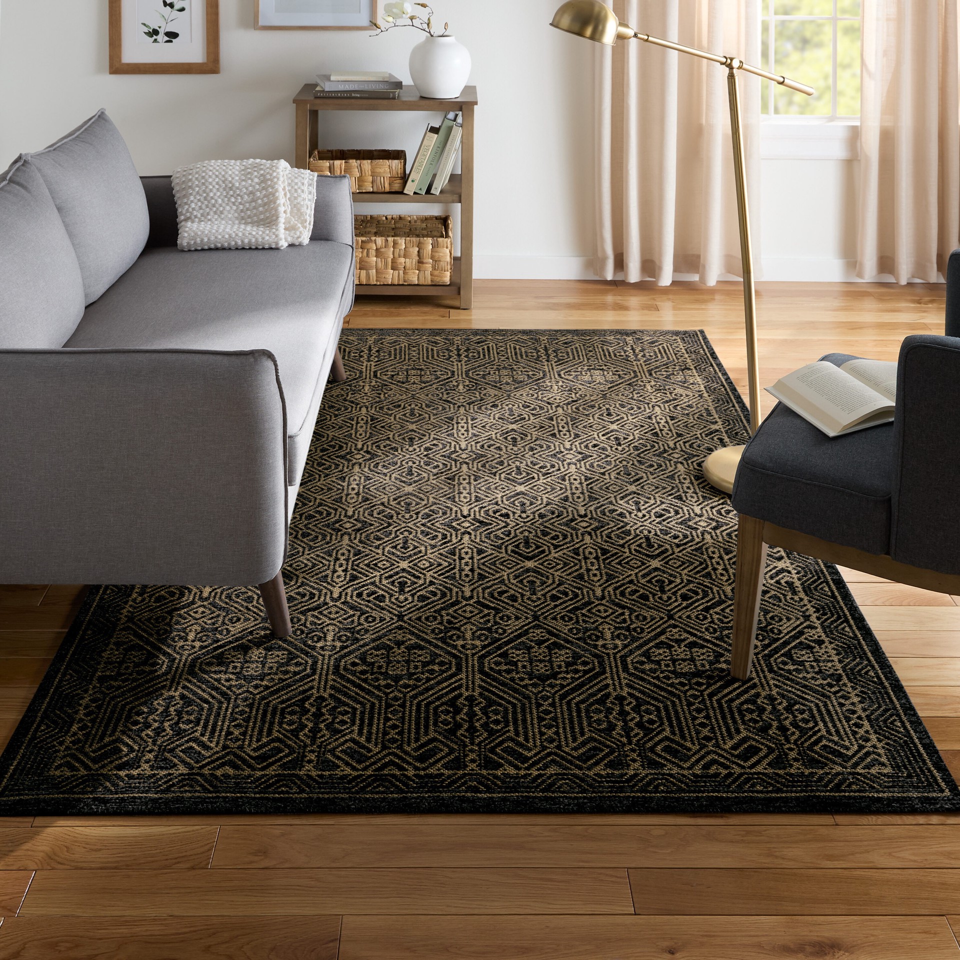slide 1 of 6, allen + roth Theon 5 x 7 (ft) Loomed Jute Charcoal Rectangular Indoor Mid-Century Modern Pet Friendly Area rug, 1 ct