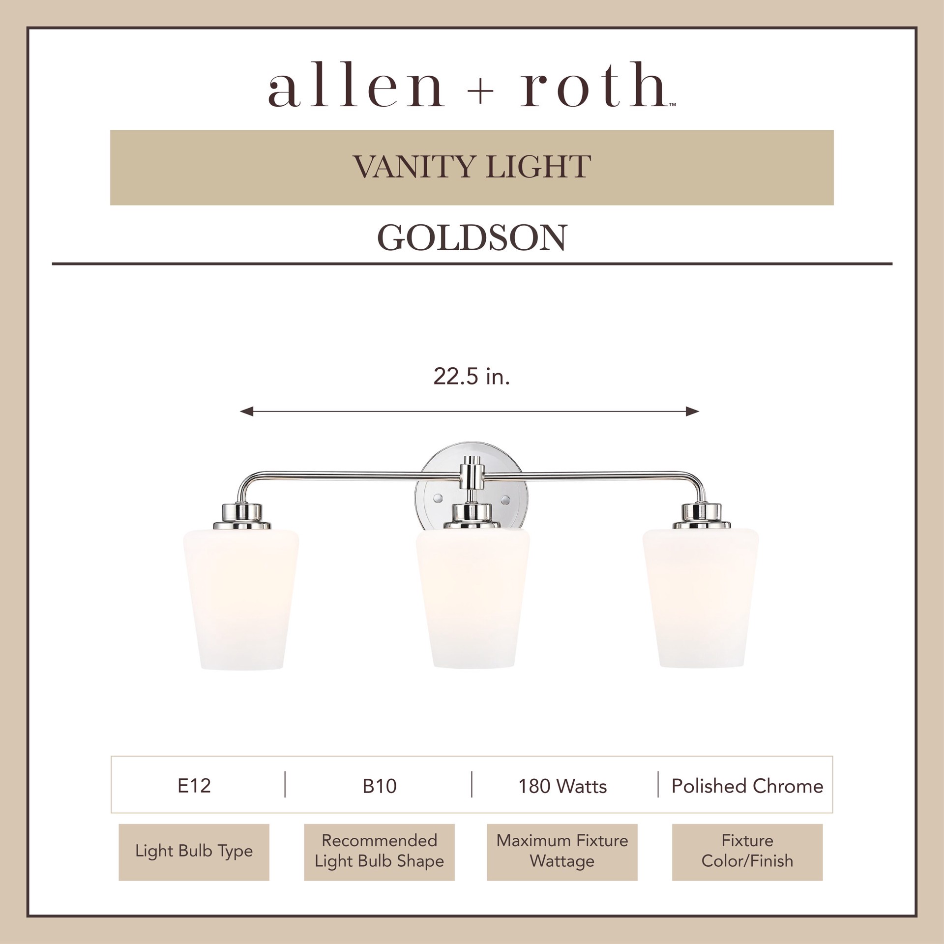 slide 3 of 6, allen + roth Goldson 22.5-in 3 -Light Polished Nickel Transitional Vanity light bar, 1 ct
