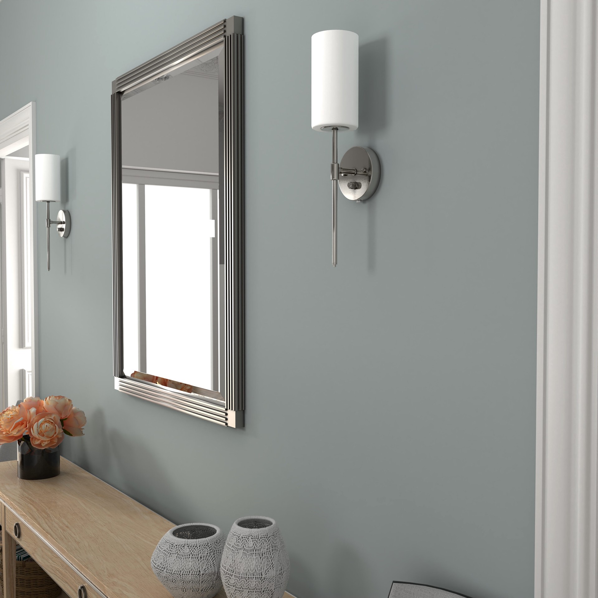 slide 4 of 6, allen + roth Odessa 4.75-in W 1 -Light Brushed Nickel Transitional Wall Sconce, 1 ct