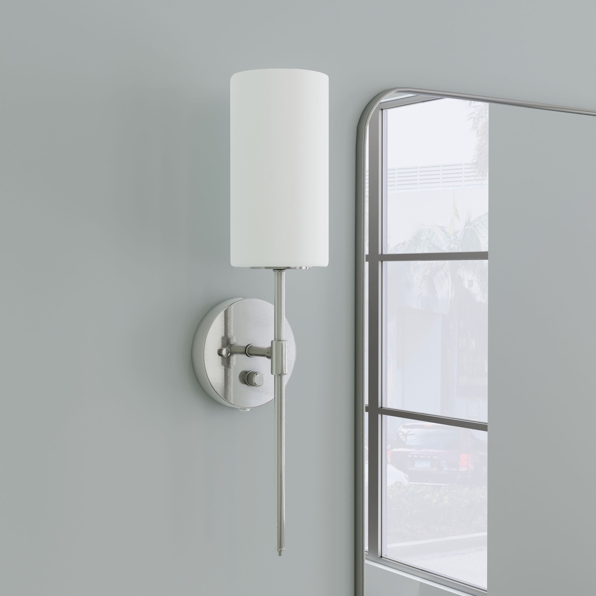 slide 1 of 6, allen + roth Odessa 4.75-in W 1 -Light Brushed Nickel Transitional Wall Sconce, 1 ct