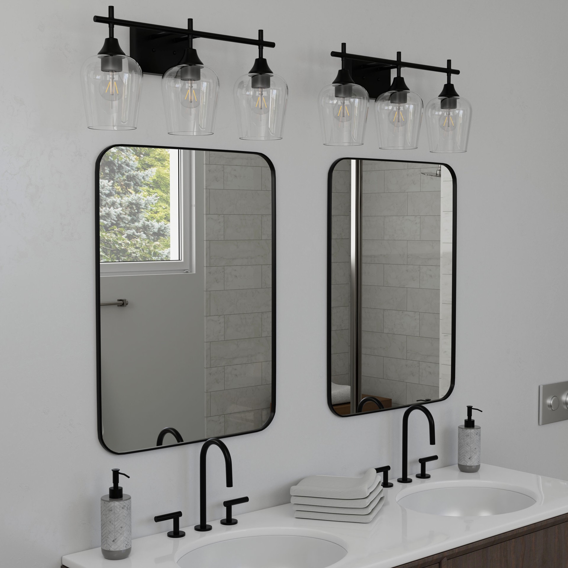 slide 6 of 6, allen + roth Meredith 22.26-in 3 -Light Black Modern/contemporary Vanity light, 1 ct