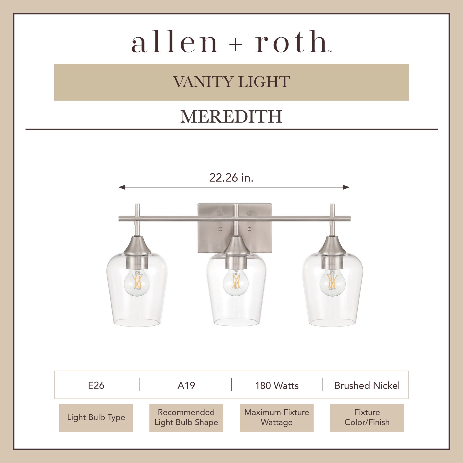 slide 3 of 6, allen + roth Meredith 22.26-in 3 -Light Brushed Nickel Modern/contemporary Vanity light, 1 ct