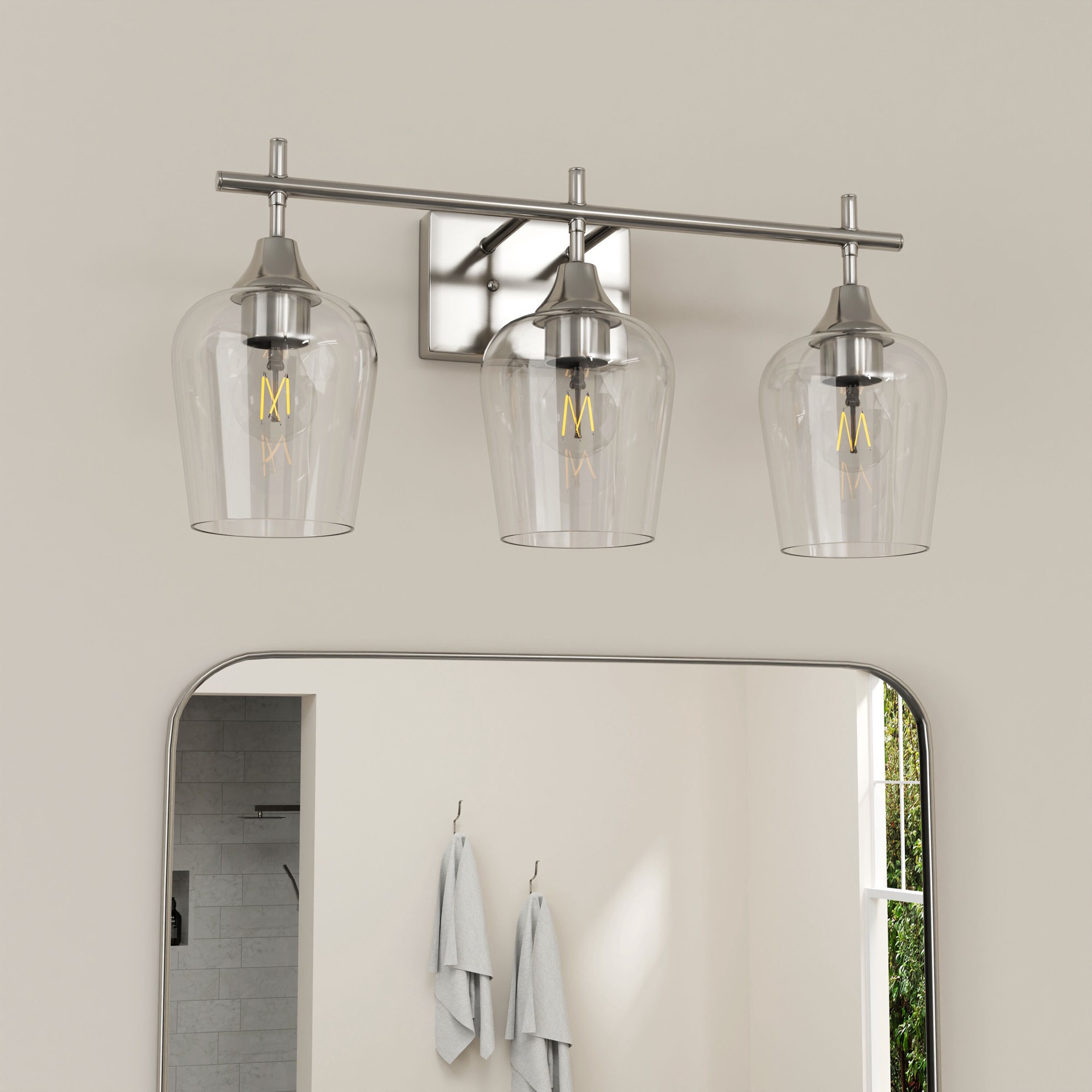 slide 5 of 6, allen + roth Meredith 22.26-in 3 -Light Brushed Nickel Modern/contemporary Vanity light, 1 ct
