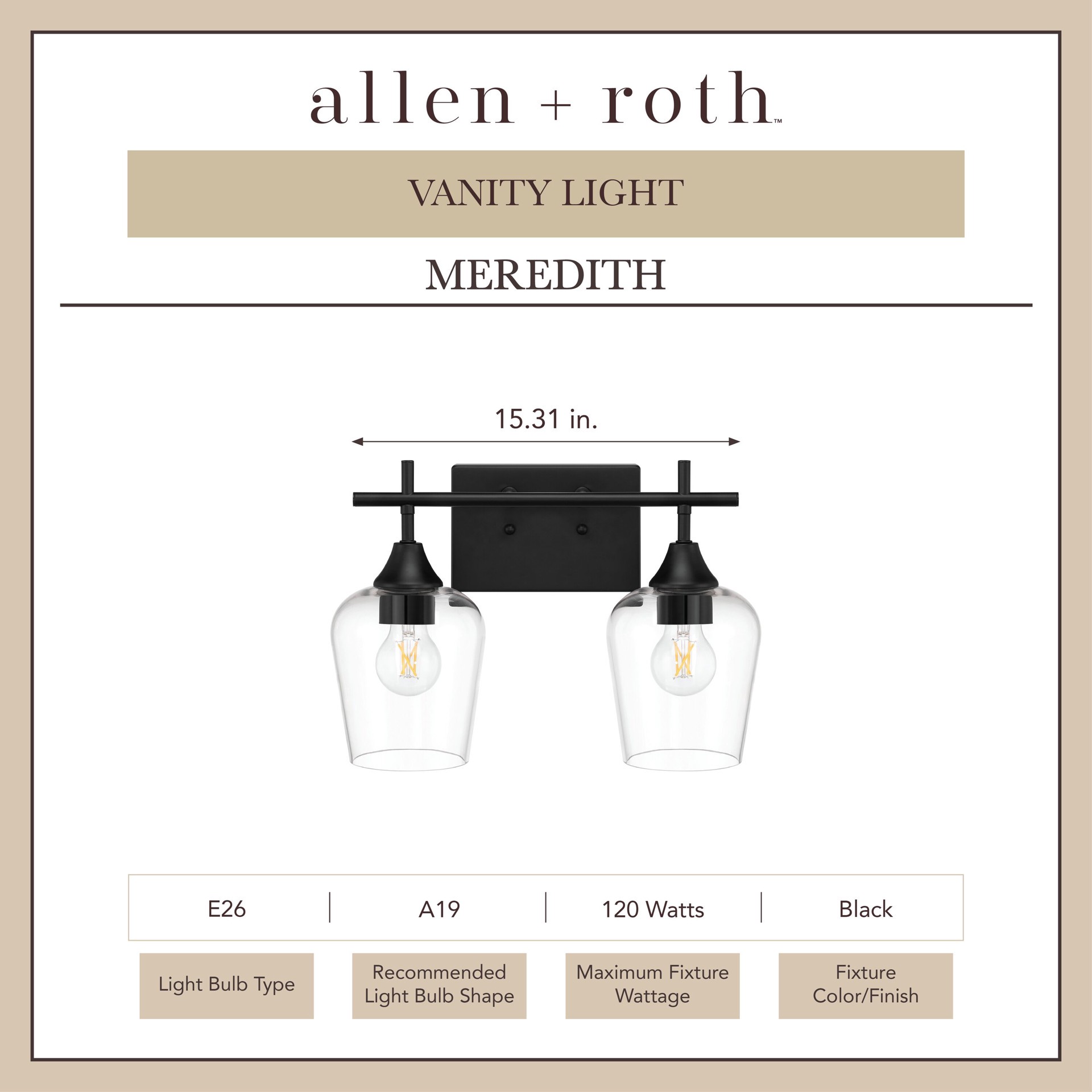slide 3 of 6, allen + roth Meredith 15.31-in 2 -Light Black Modern/contemporary Vanity light, 1 ct