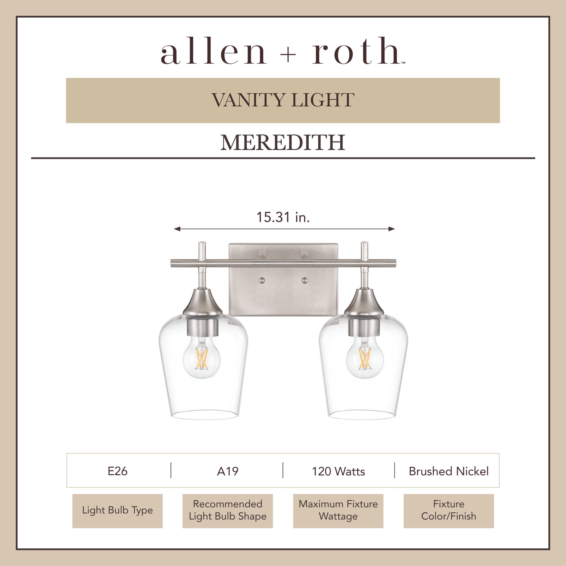 slide 3 of 6, allen + roth Meredith 15.31-in 2 -Light Brushed Nickel Modern/contemporary Vanity light, 1 ct