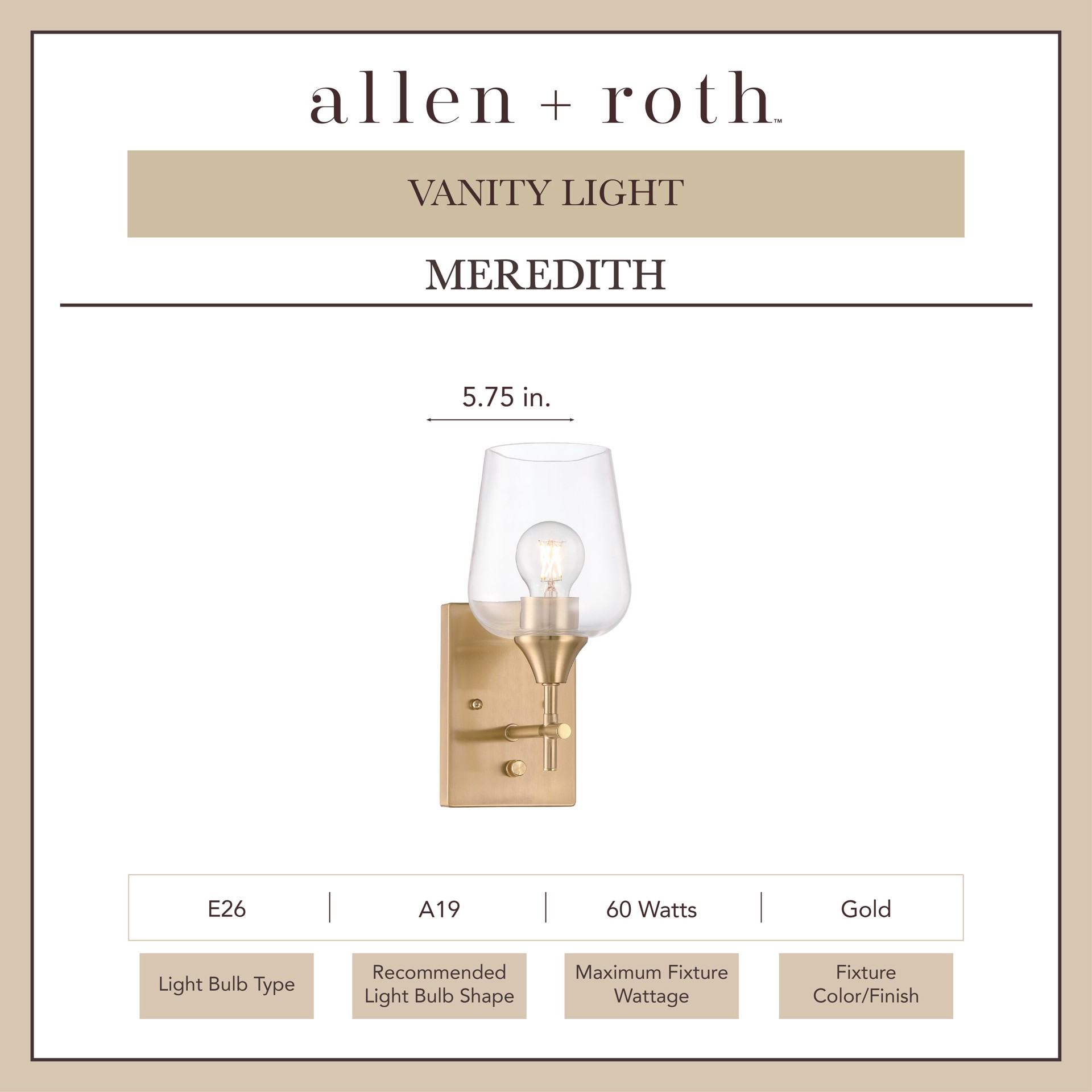 slide 3 of 6, allen + roth Meredith 5.75-in 1 -Light Gold Modern/contemporary Vanity light, 1 ct