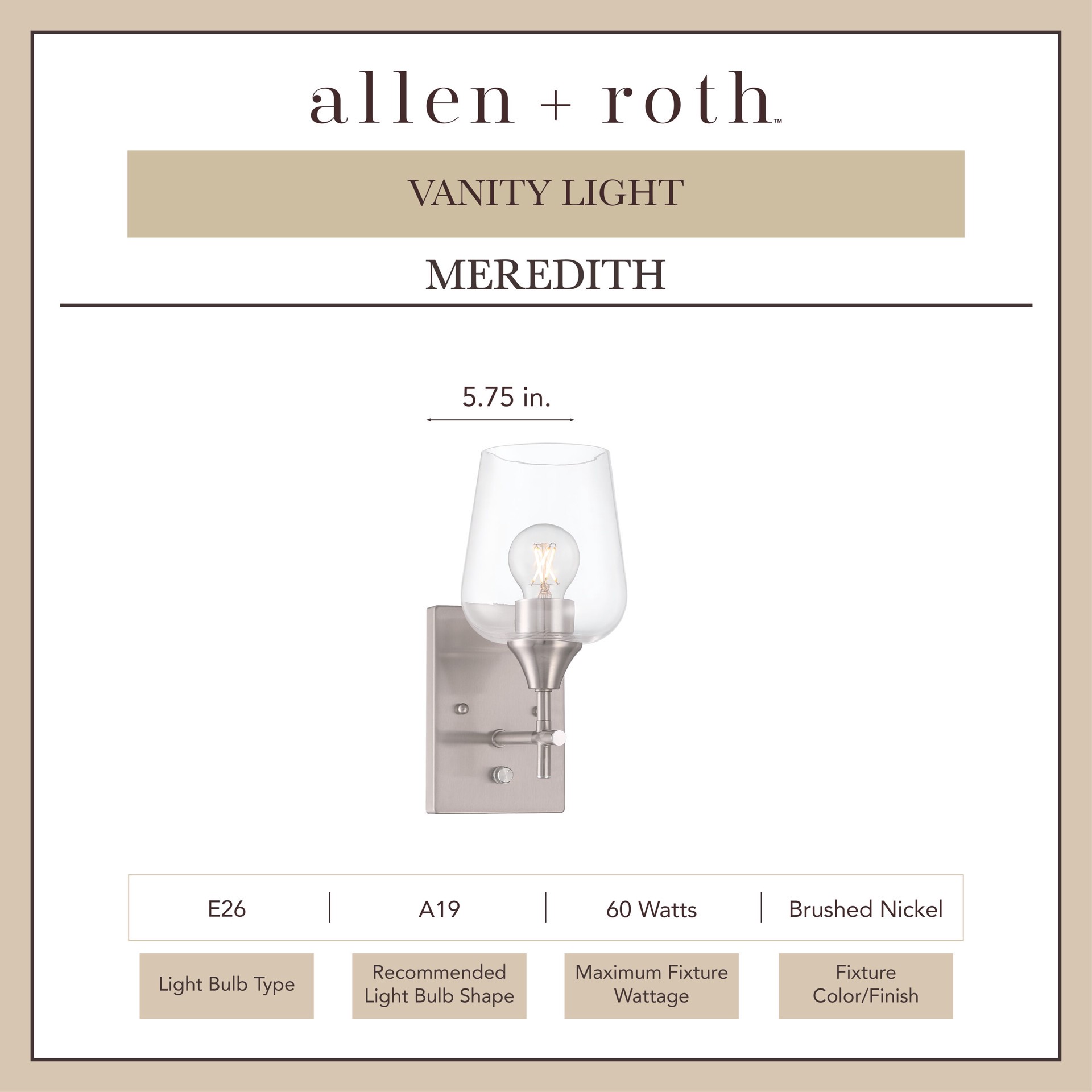 slide 3 of 6, allen + roth Meredith 5.75-in 1 -Light Brushed Nickel Modern/contemporary Vanity light, 1 ct
