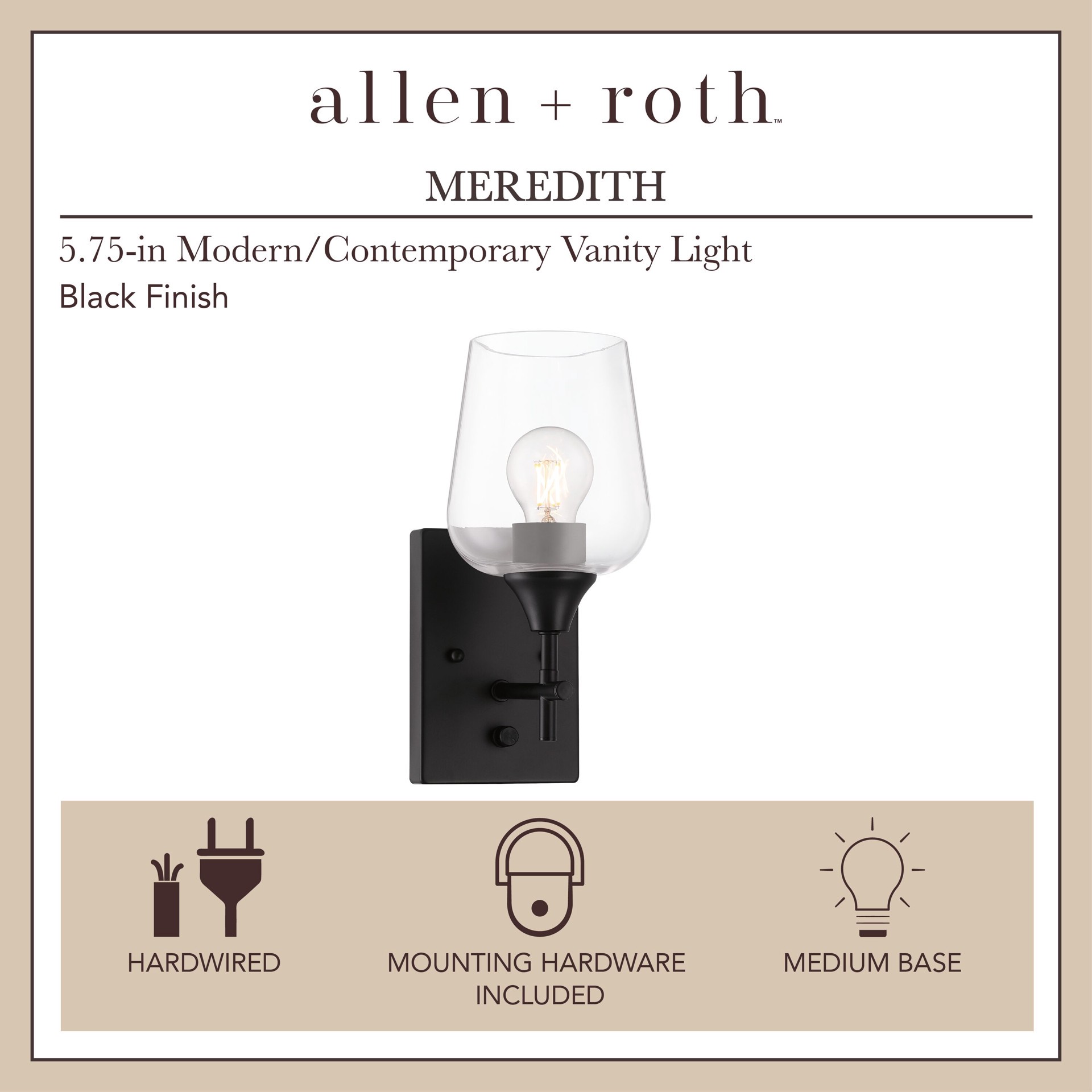 slide 3 of 6, allen + roth Meredith 5.75-in 1 -Light Black Modern/contemporary Vanity light, 1 ct