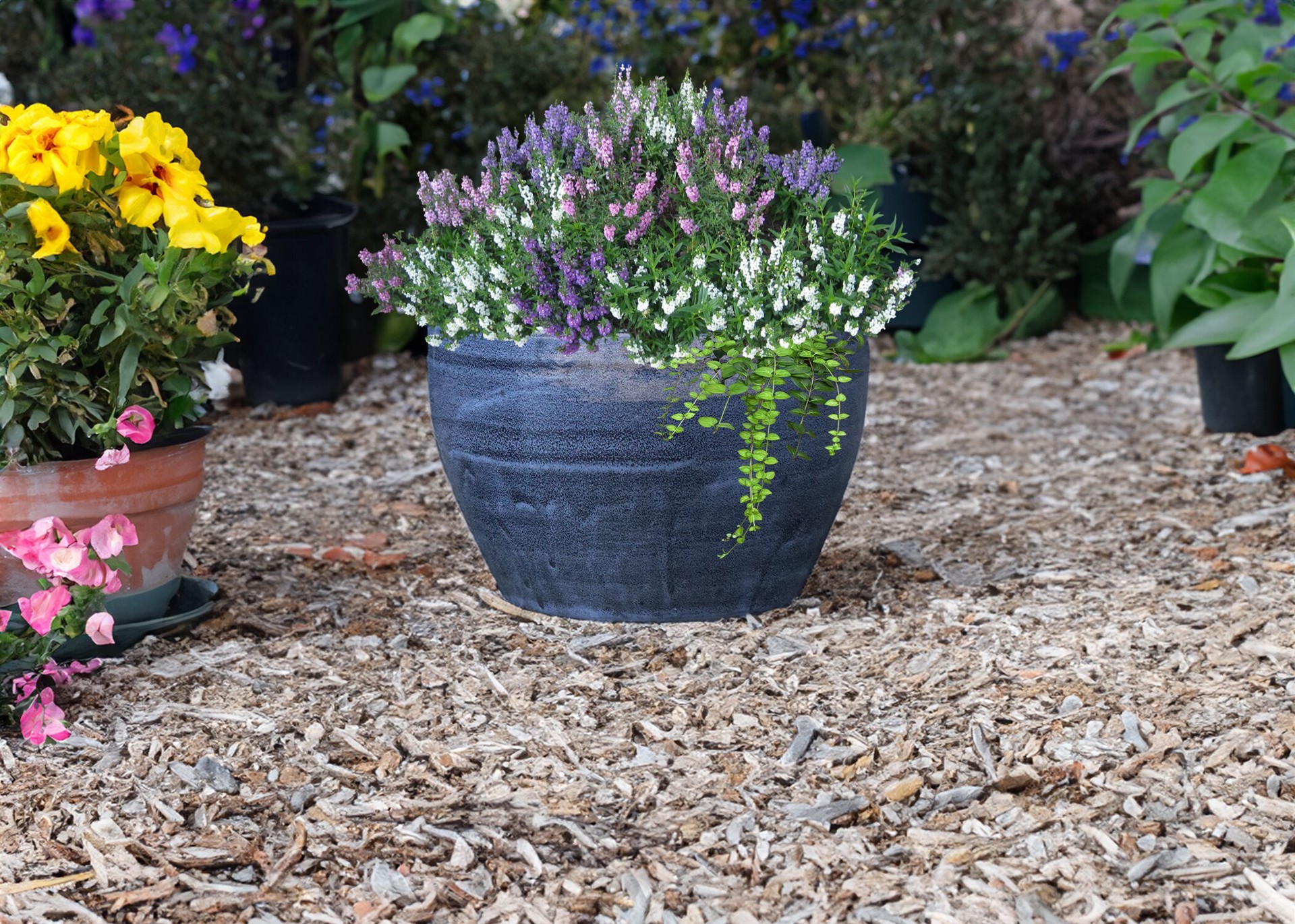 slide 2 of 4, allen + roth Round 10.0-in W x 10.0-in L Blue Glazed ceramic Indoor/Outdoor Planter, 1 ct