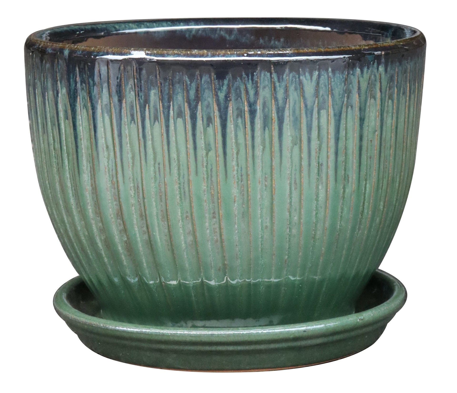 slide 2 of 4, allen + roth 8.85-in Midnight Green Glazed ceramic Plant Saucer, 1 ct
